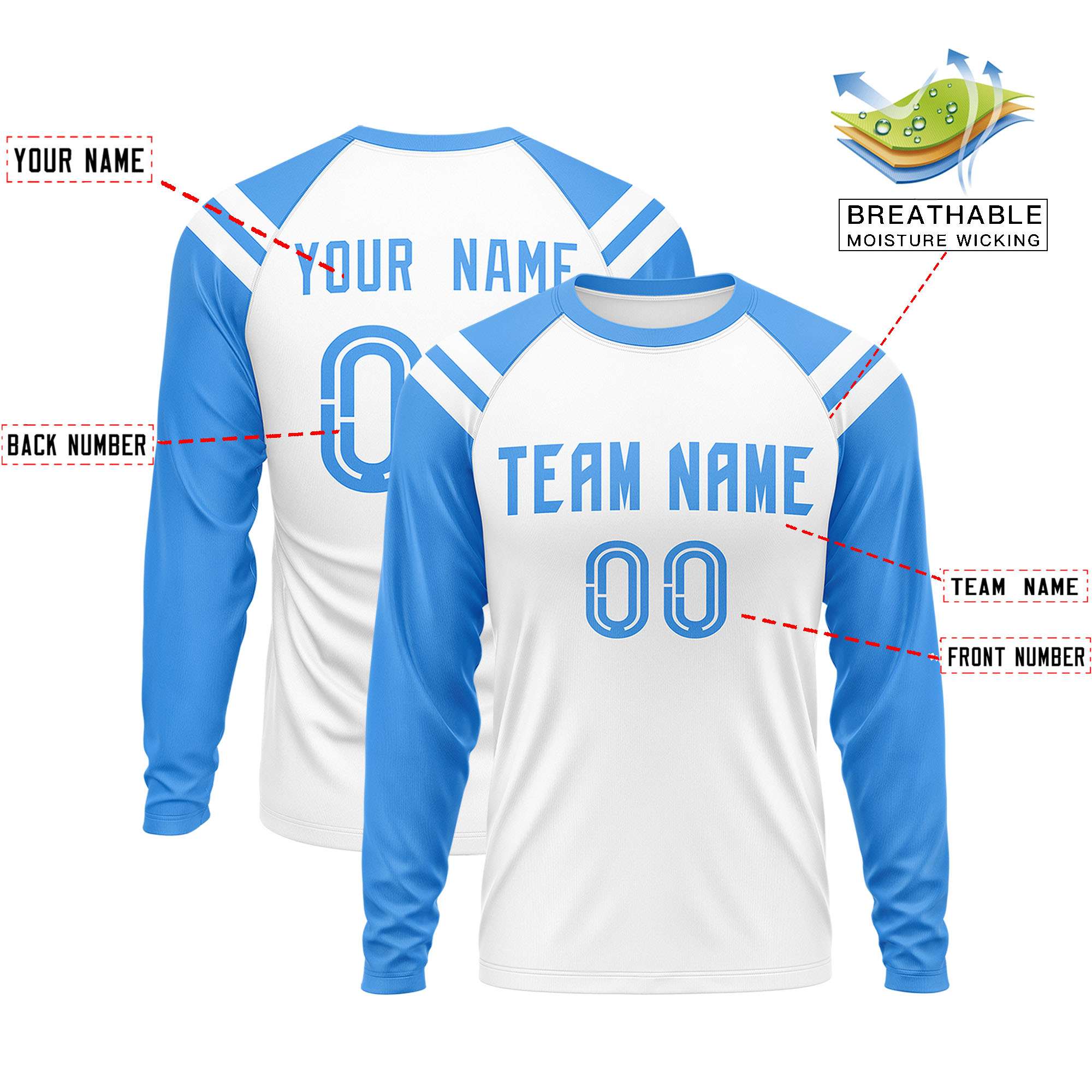 Custom White Powder Blue-White Crew Neck Personalized Raglan Long Sleeve Performance T-Shirt