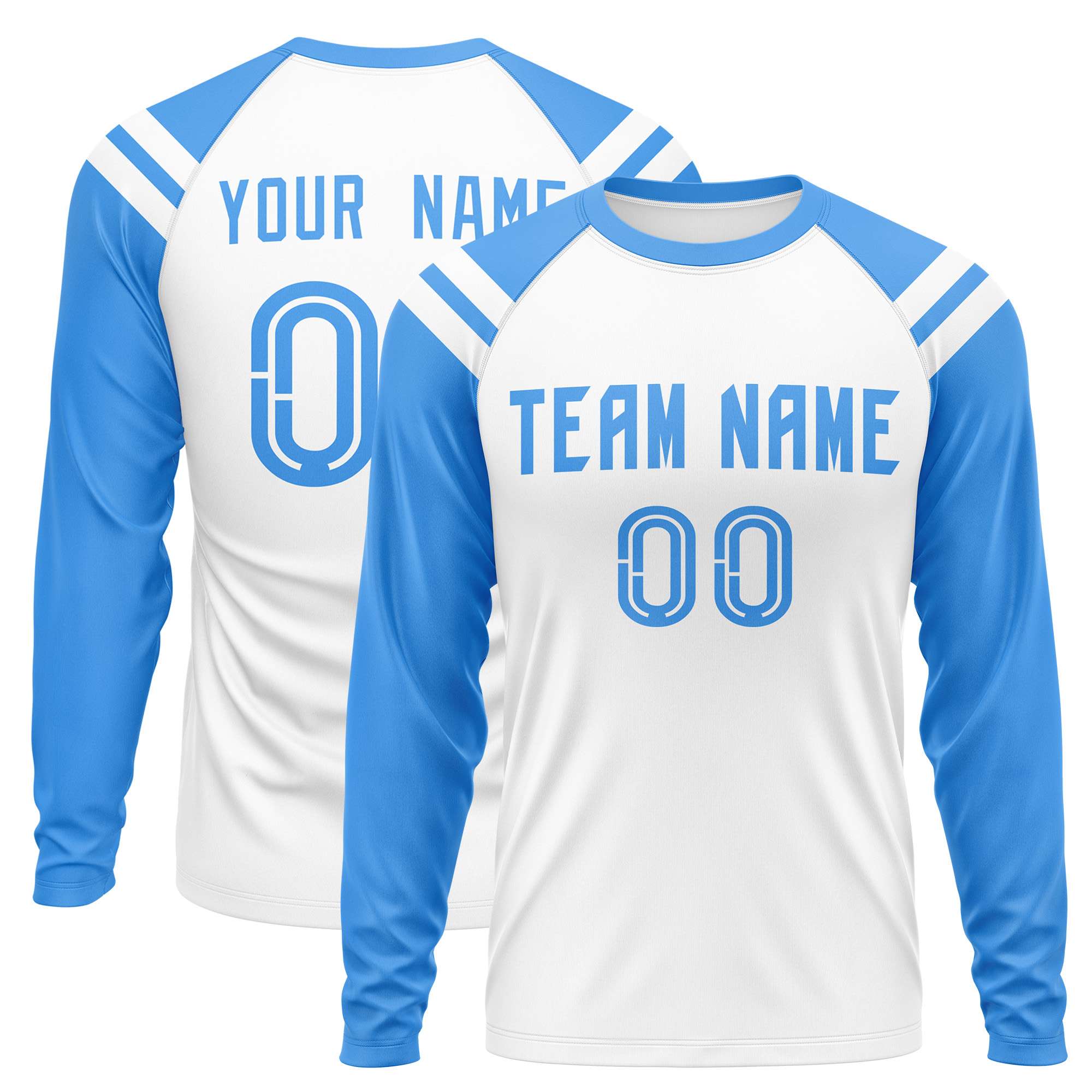 Custom White Powder Blue-White Crew Neck Personalized Raglan Long Sleeve Performance T-Shirt