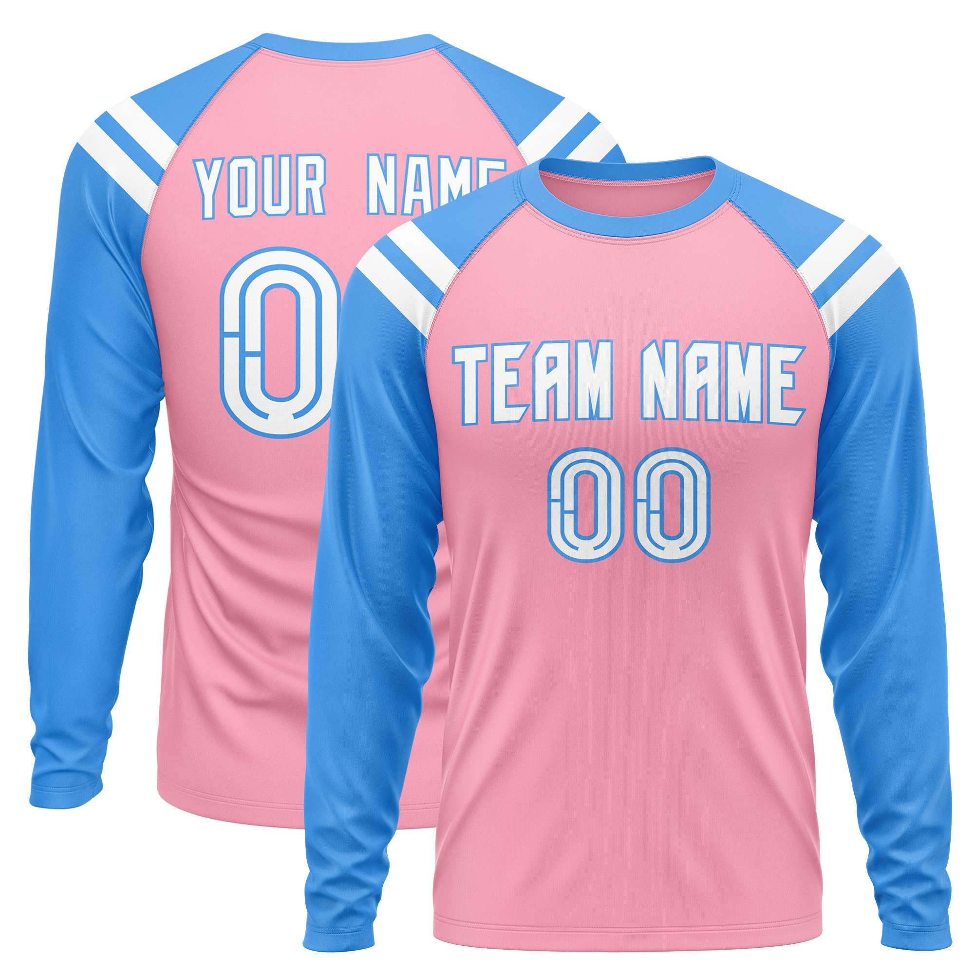 Custom Light Pink Powder Blue-White Crew Neck Personalized Raglan Long Sleeve Performance T-Shirt