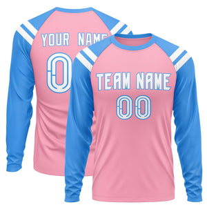 Custom Light Pink Powder Blue-White Crew Neck Personalized Raglan Long Sleeve Performance T-Shirt