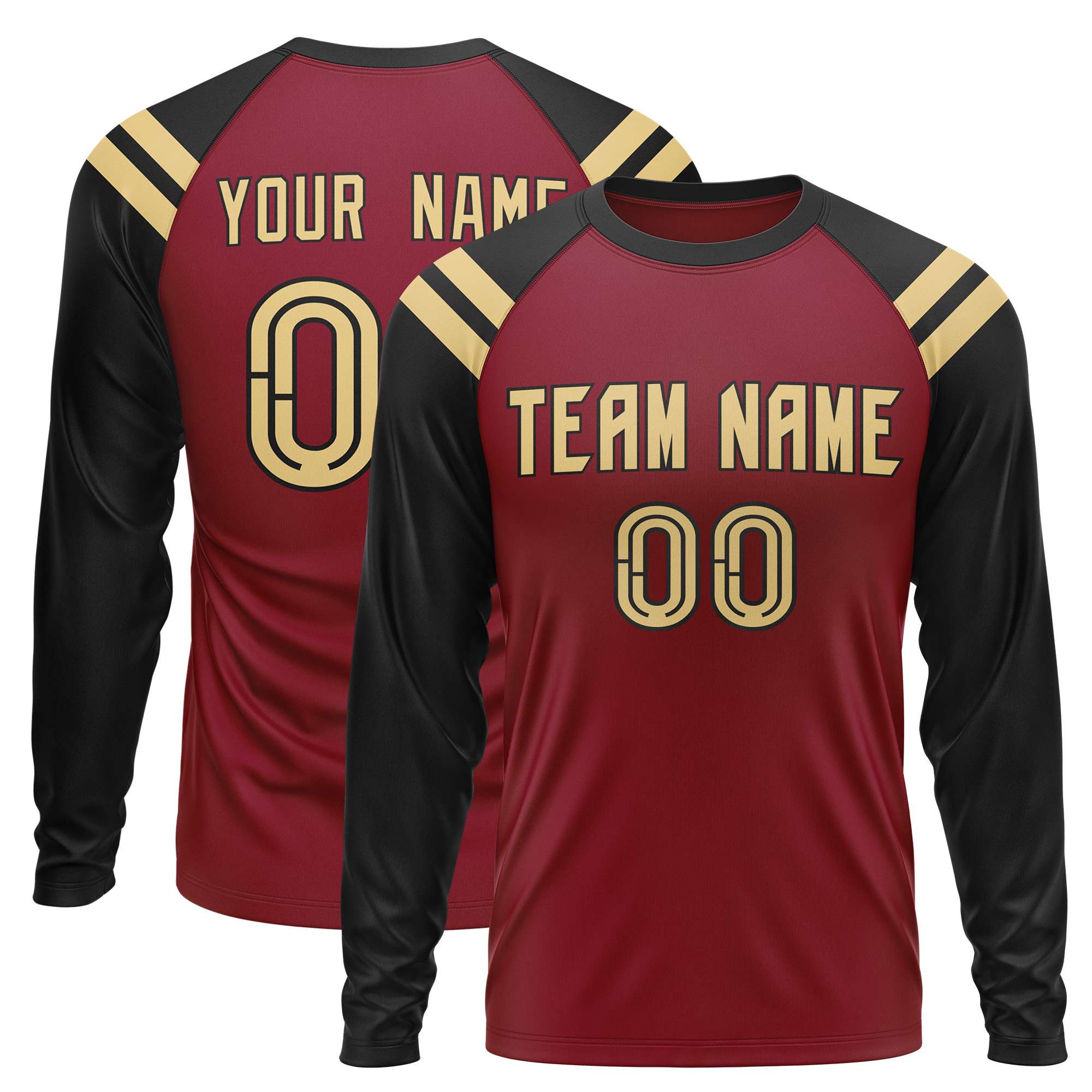 Custom Crimson Black-Khaki Crew Neck Personalized Raglan Long Sleeve Performance T-Shirt