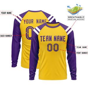 Custom Gold Purple-White Crew Neck Personalized Raglan Long Sleeve Performance T-Shirt