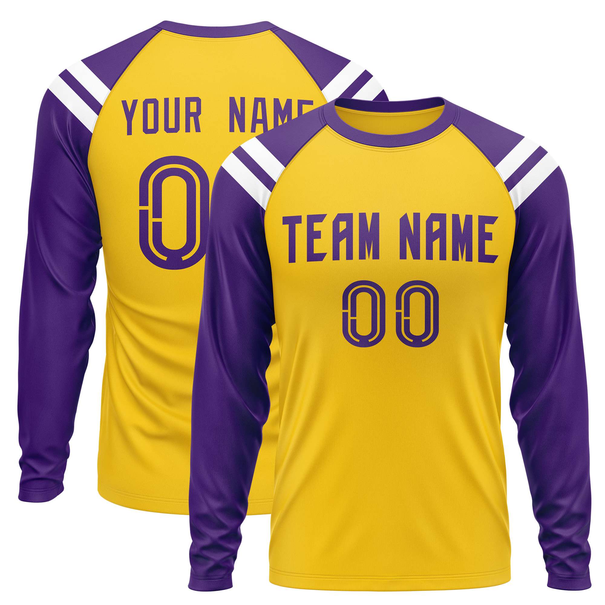 Custom Gold Purple-White Crew Neck Personalized Raglan Long Sleeve Performance T-Shirt