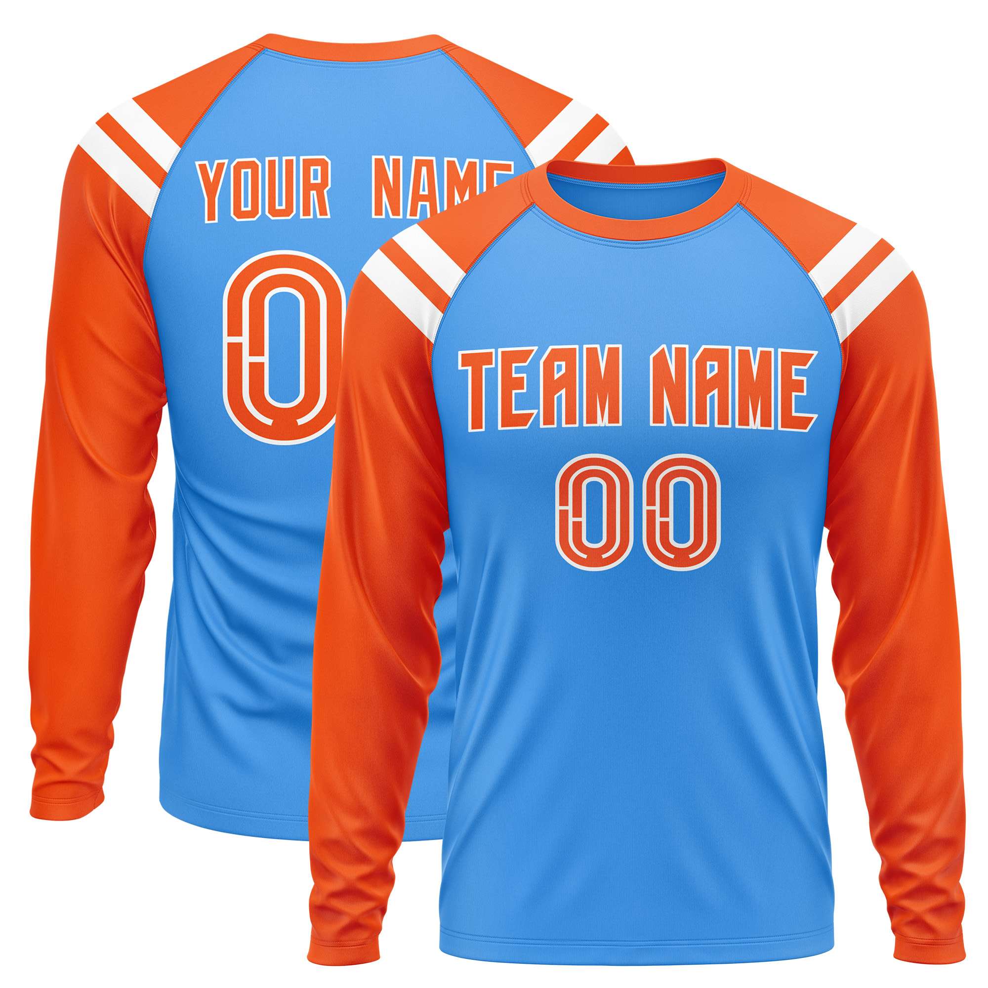 Custom Powder Blue Orange-White Crew Neck Personalized Raglan Long Sleeve Performance T-Shirt