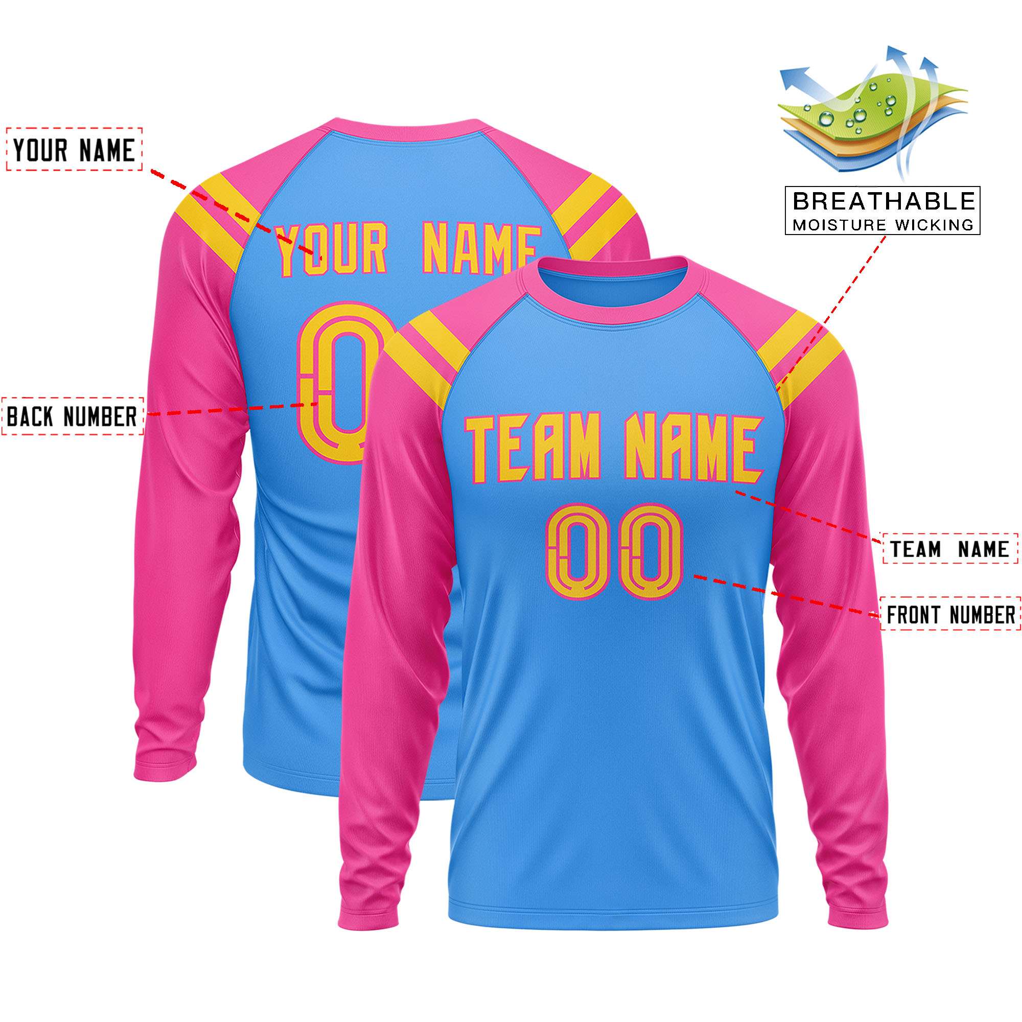 Custom Powder Blue Pink-Gold Crew Neck Personalized Raglan Long Sleeve Performance T-Shirt