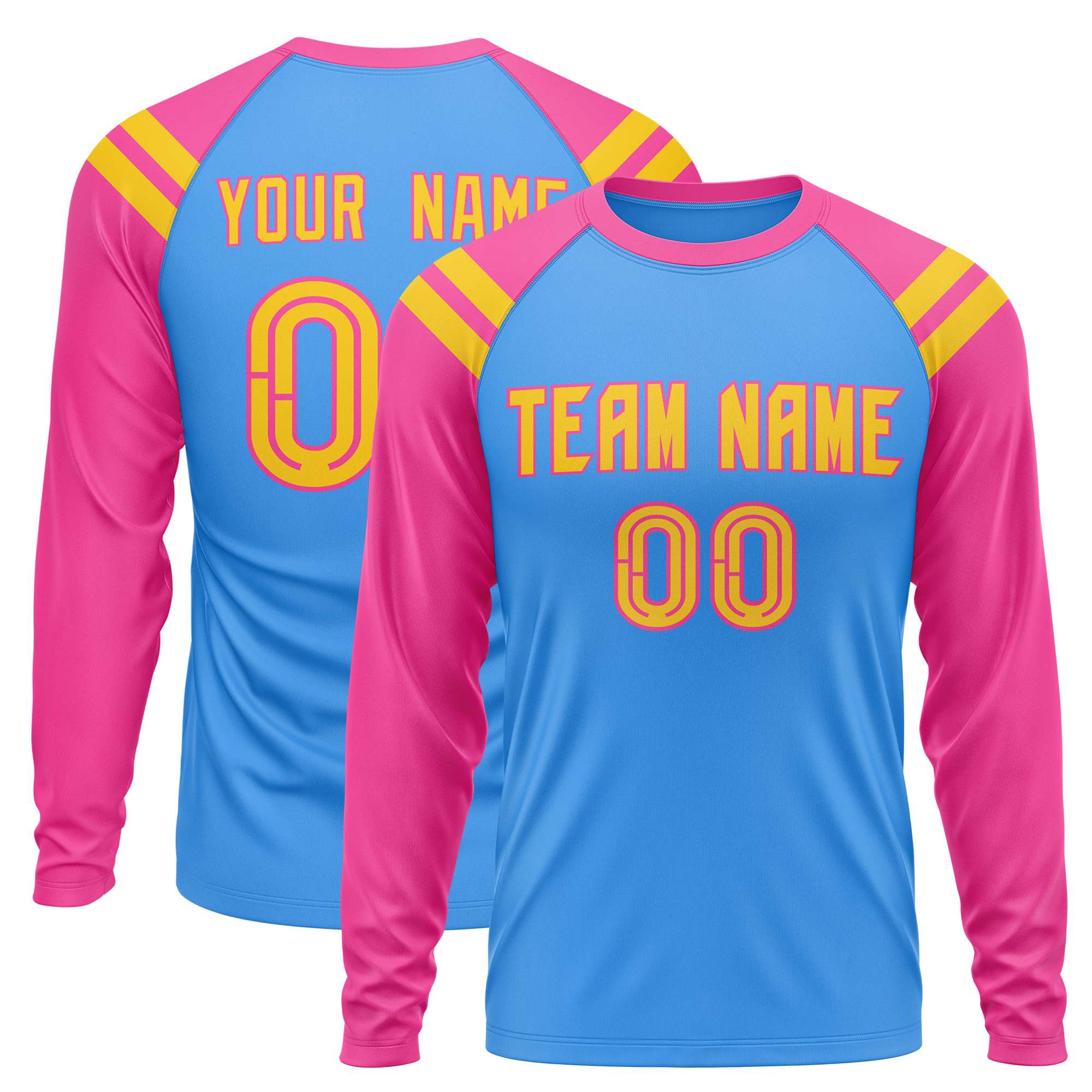 Custom Powder Blue Pink-Gold Crew Neck Personalized Raglan Long Sleeve Performance T-Shirt