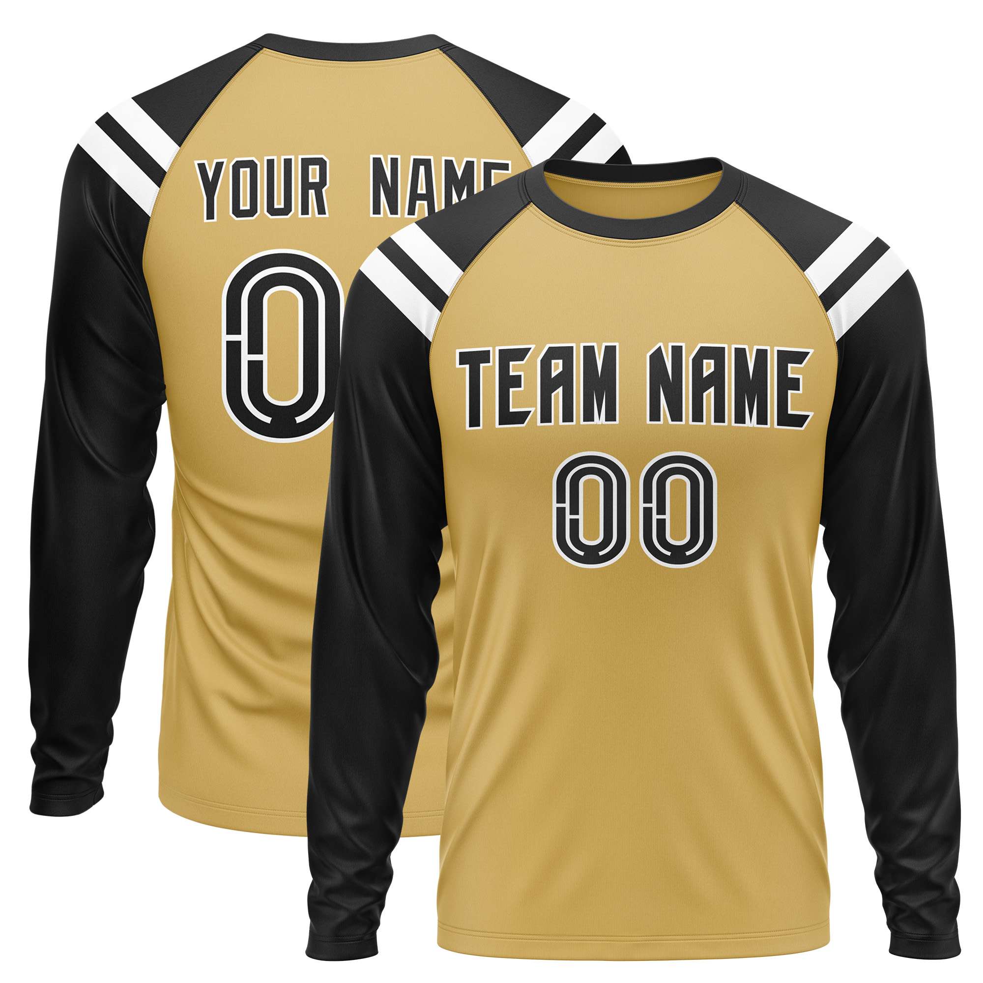 Custom Old Gold Black-White Crew Neck Personalized Raglan Long Sleeve Performance T-Shirt