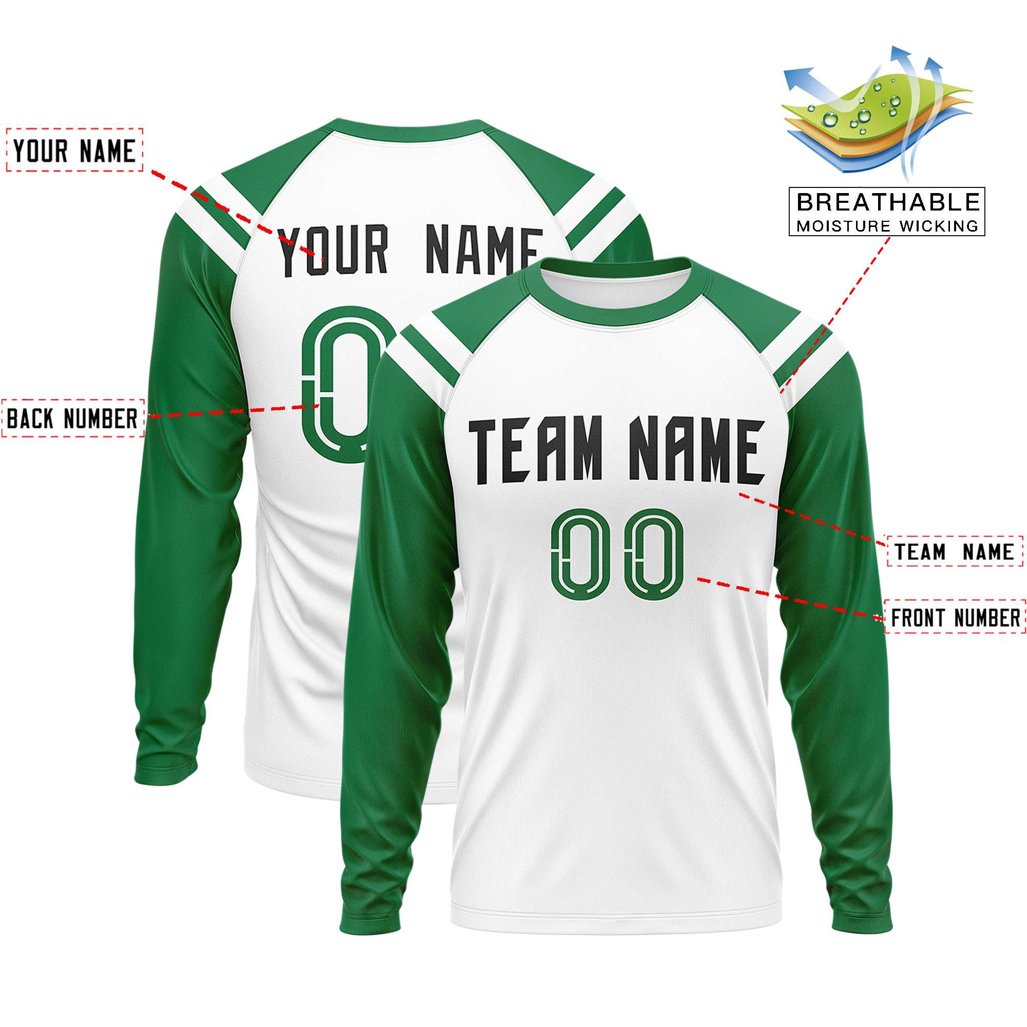 Custom White Kelly Green-White Crew Neck Personalized Raglan Long Sleeve Performance T-Shirt