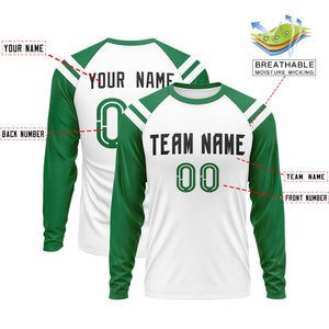 Custom White Kelly Green-White Crew Neck Personalized Raglan Long Sleeve Performance T-Shirt