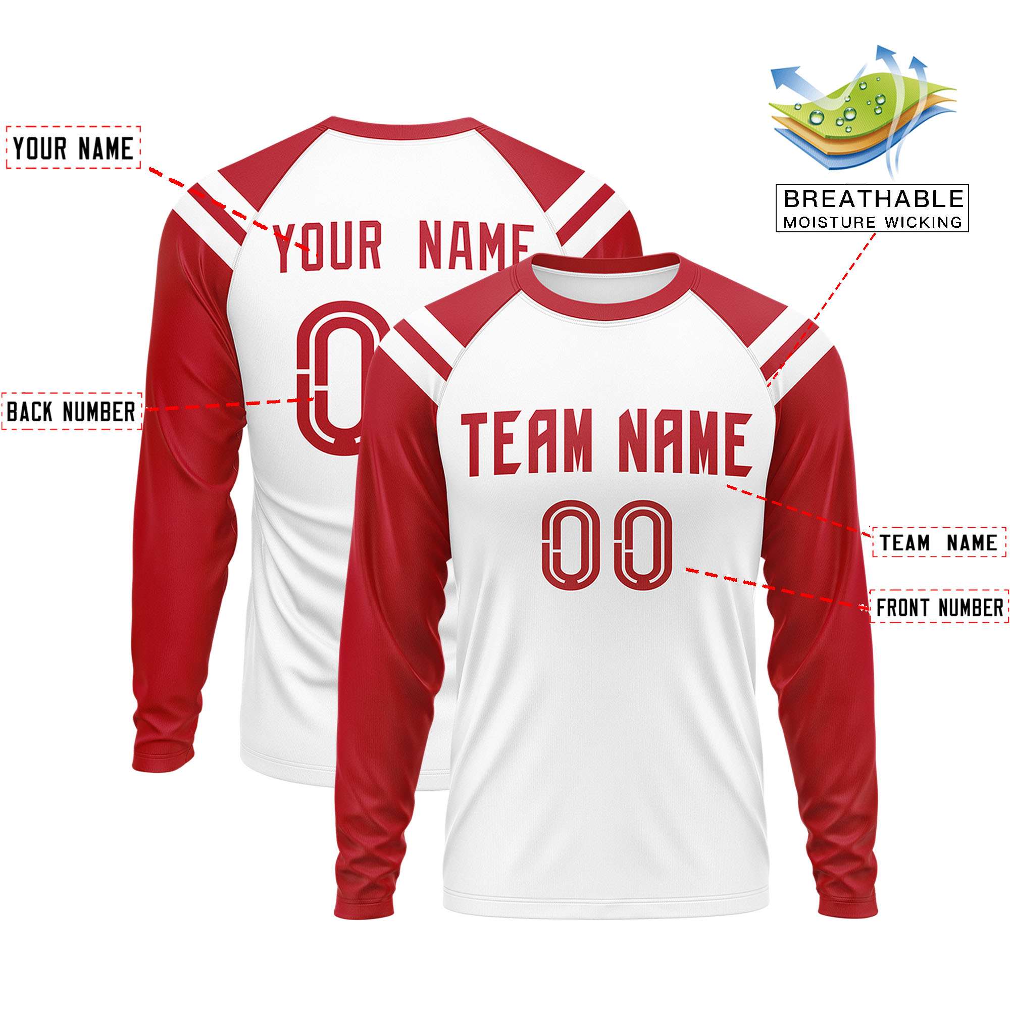 Custom White Red-White Crew Neck Personalized Raglan Long Sleeve Performance T-Shirt