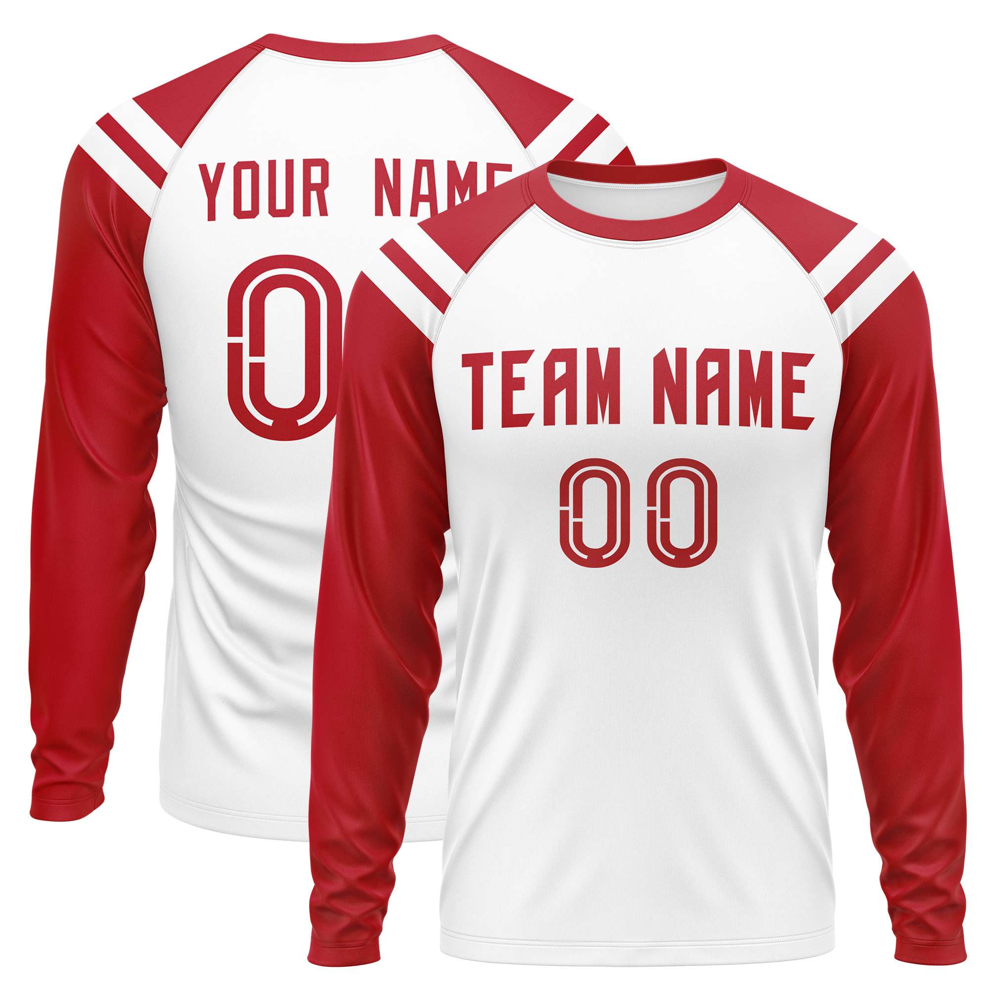 Custom White Red-White Crew Neck Personalized Raglan Long Sleeve Performance T-Shirt