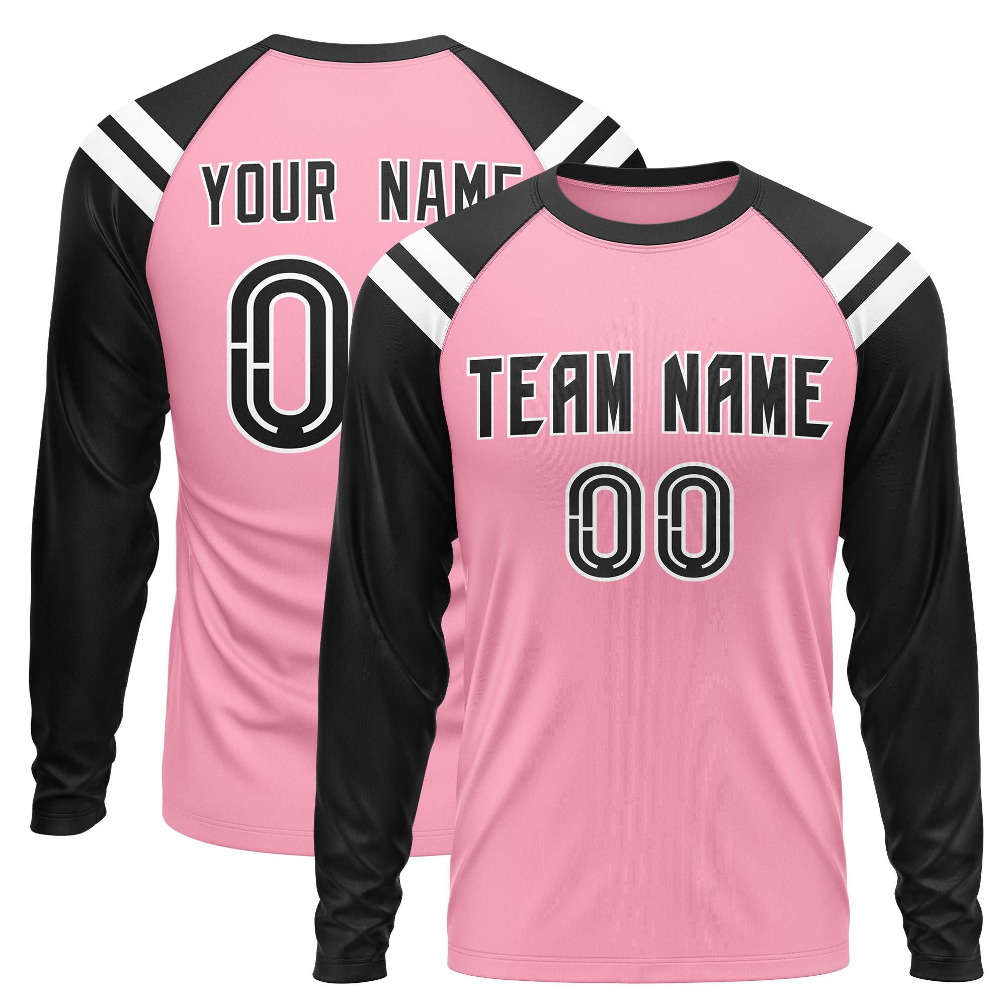 Custom Light Pink Black-White Crew Neck Personalized Raglan Long Sleeve Performance T-Shirt