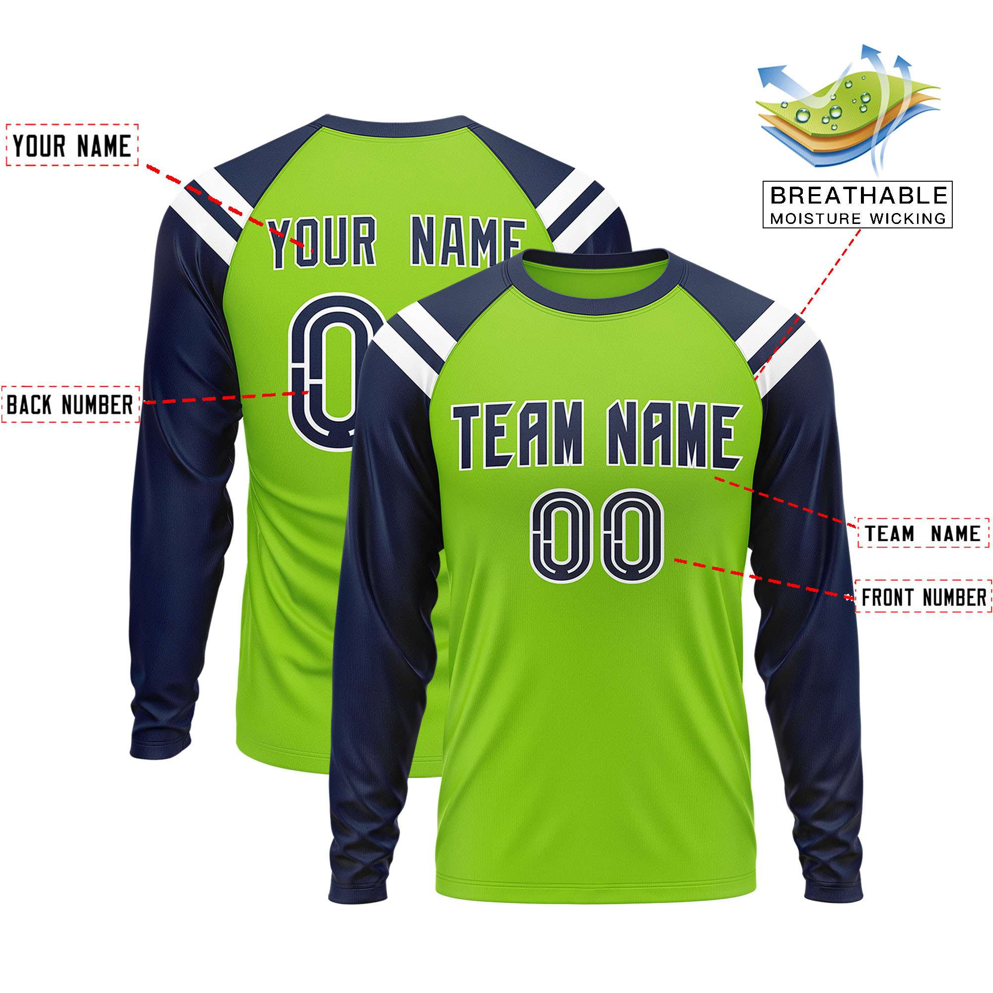 Custom Neon Green Navy-White Crew Neck Personalized Raglan Long Sleeve Performance T-Shirt