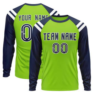 Custom Neon Green Navy-White Crew Neck Personalized Raglan Long Sleeve Performance T-Shirt