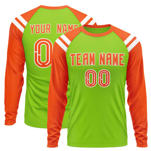 Custom Neon Green Orange-White Crew Neck Personalized Raglan Long Sleeve Performance T-Shirt