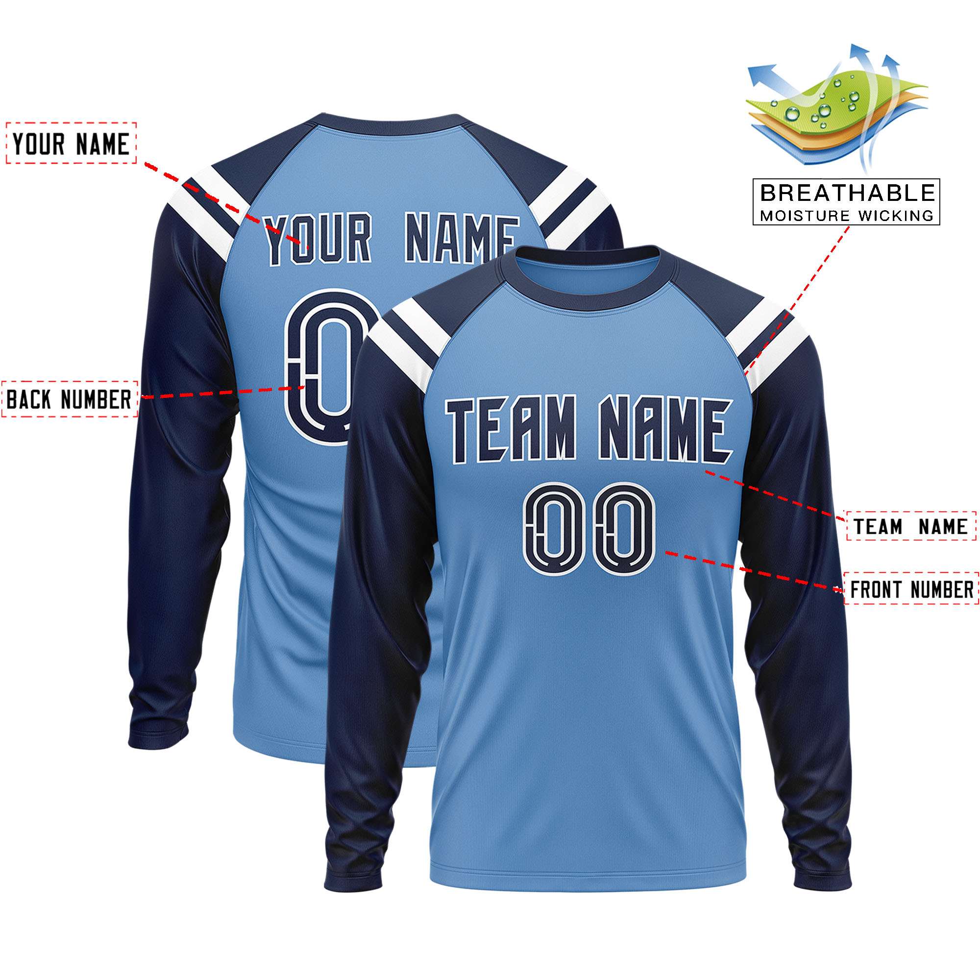 Custom Light Blue Navy-White Crew Neck Personalized Raglan Long Sleeve Performance T-Shirt