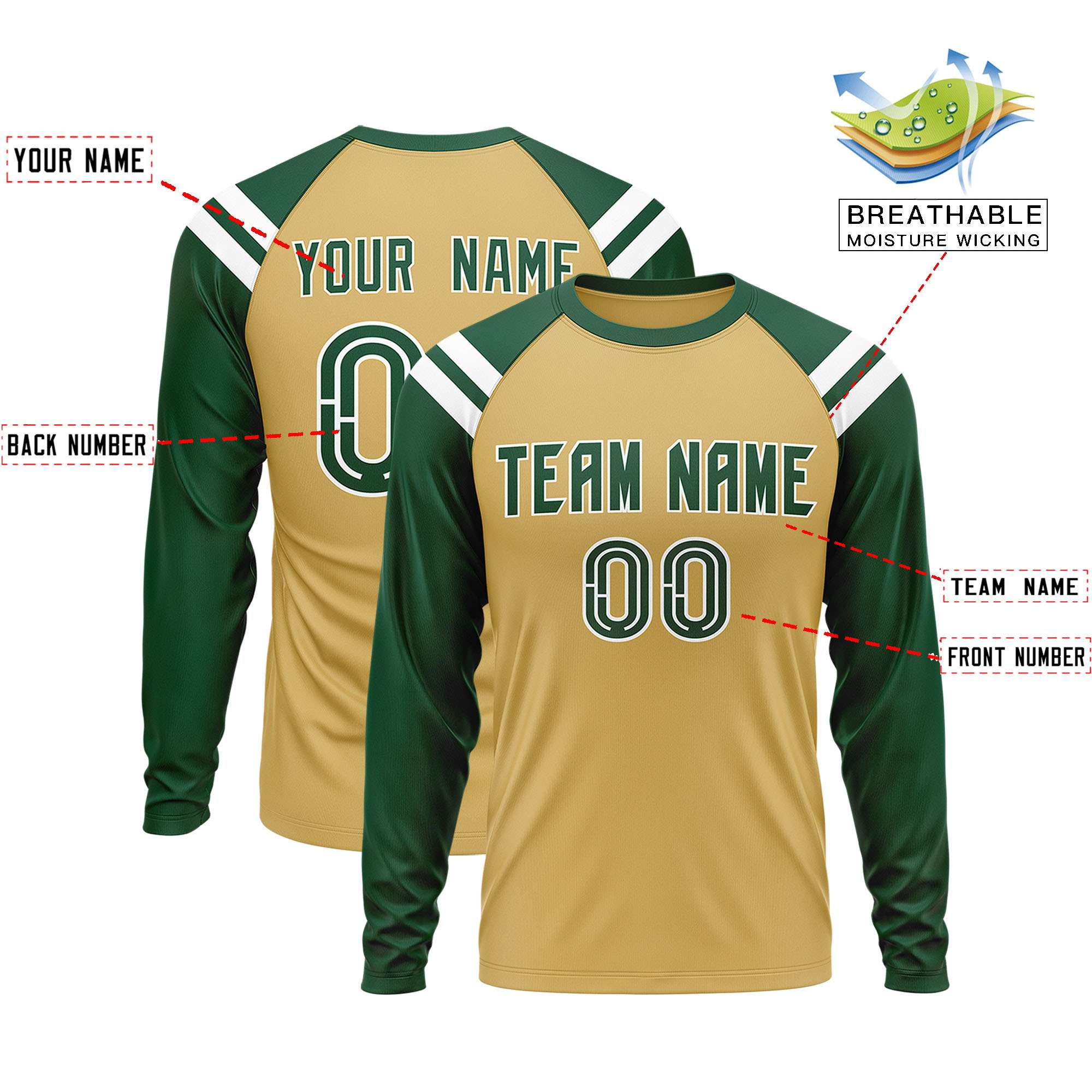 Custom Old Gold Green-White Crew Neck Personalized Raglan Long Sleeve Performance T-Shirt