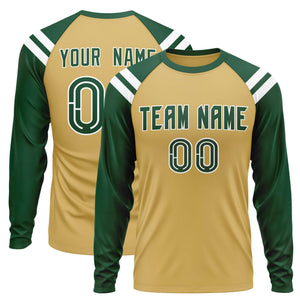 Custom Old Gold Green-White Crew Neck Personalized Raglan Long Sleeve Performance T-Shirt