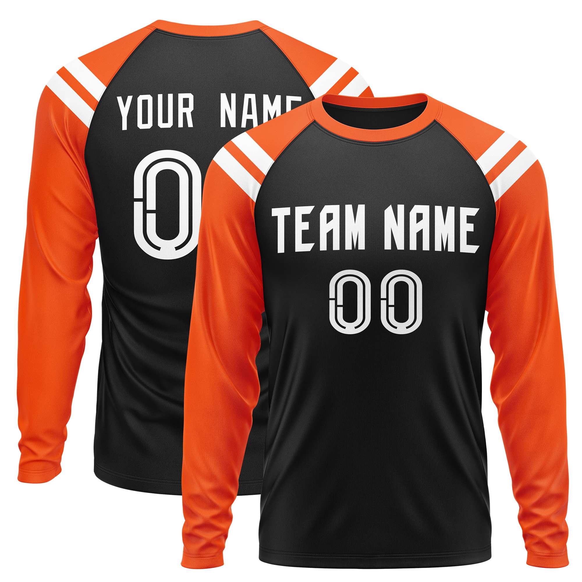 Custom Black Orange-White Crew Neck Personalized Raglan Long Sleeve Performance T-Shirt