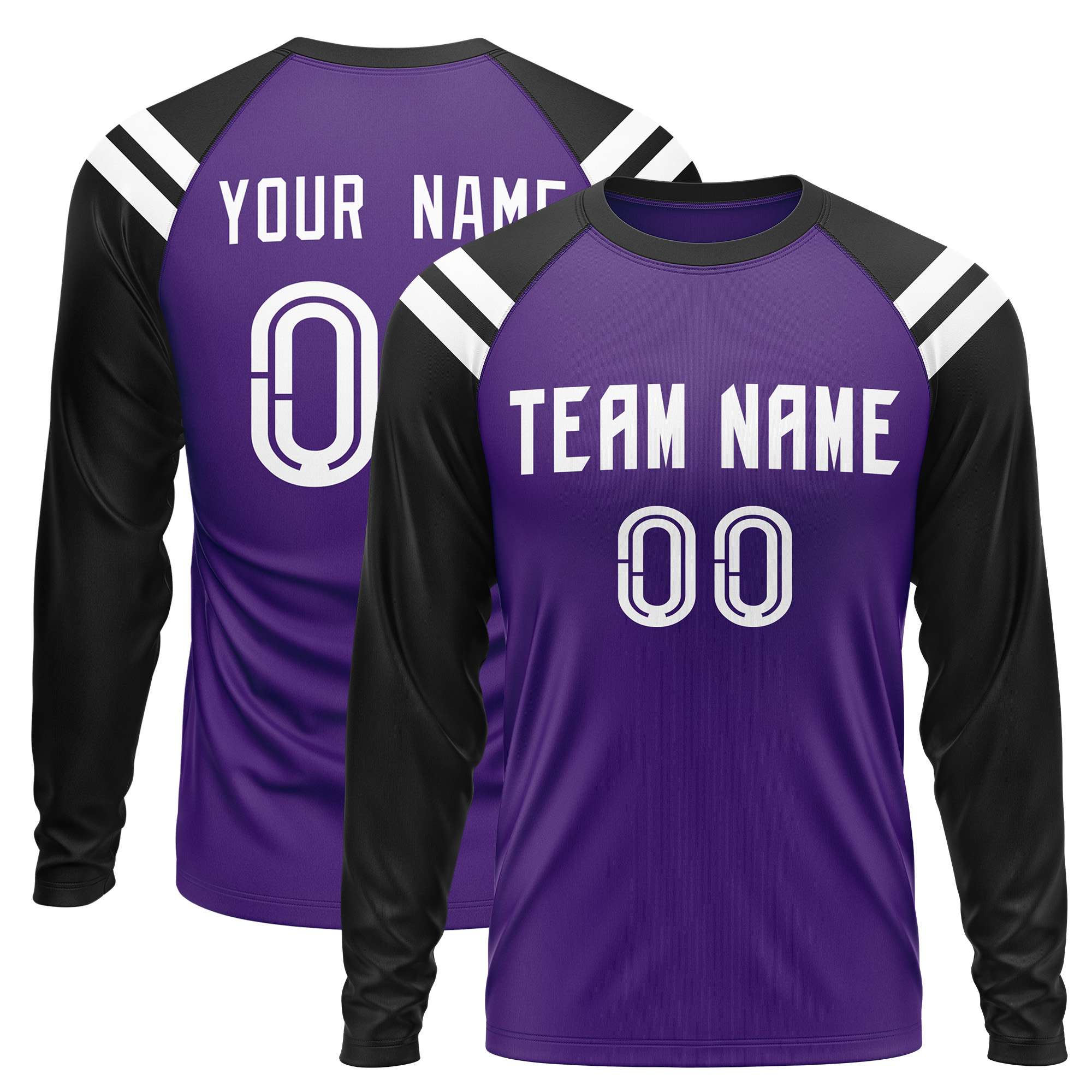 Custom Purple Black-White Crew Neck Personalized Raglan Long Sleeve Performance T-Shirt