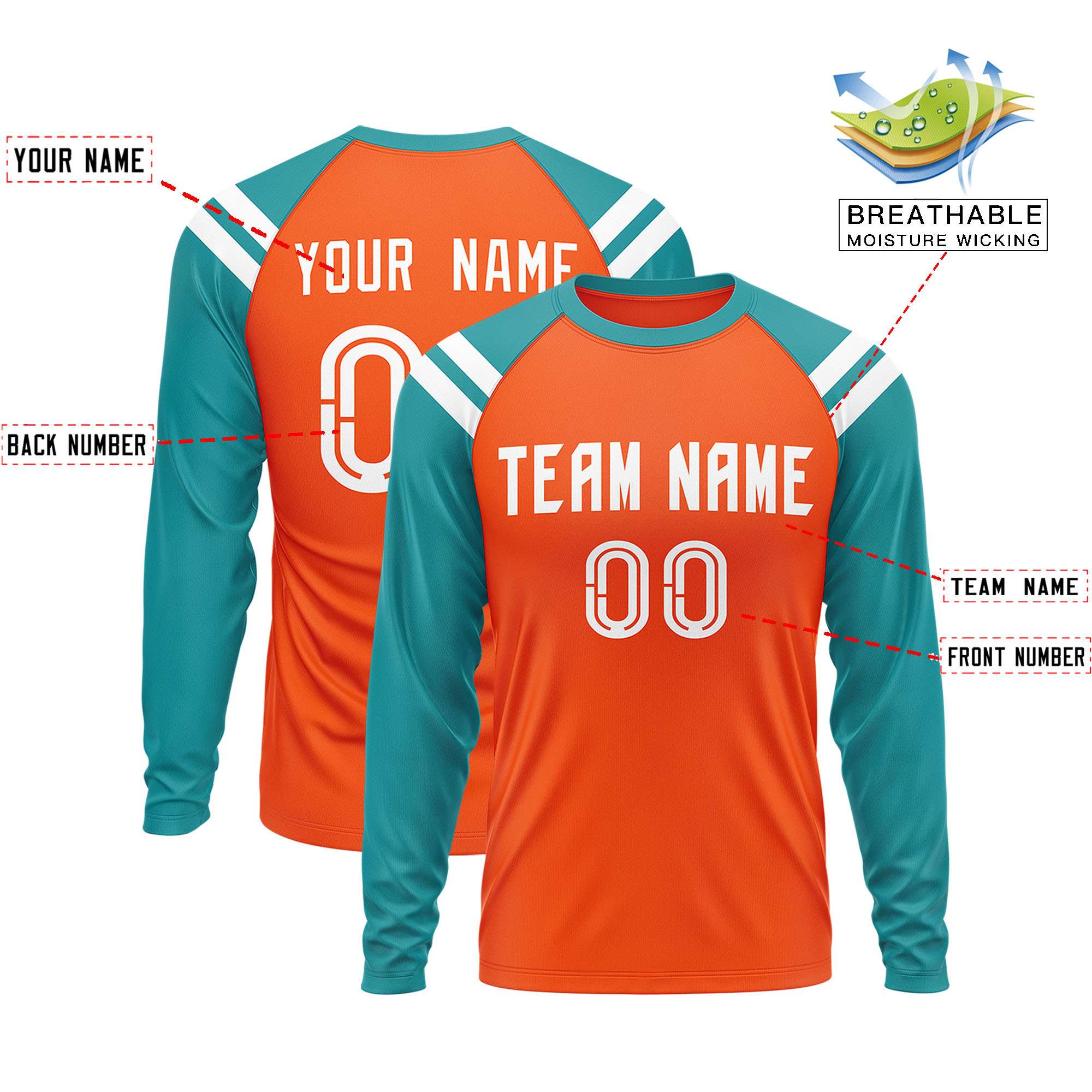 Custom Orange Aqua-White Crew Neck Personalized Raglan Long Sleeve Performance T-Shirt