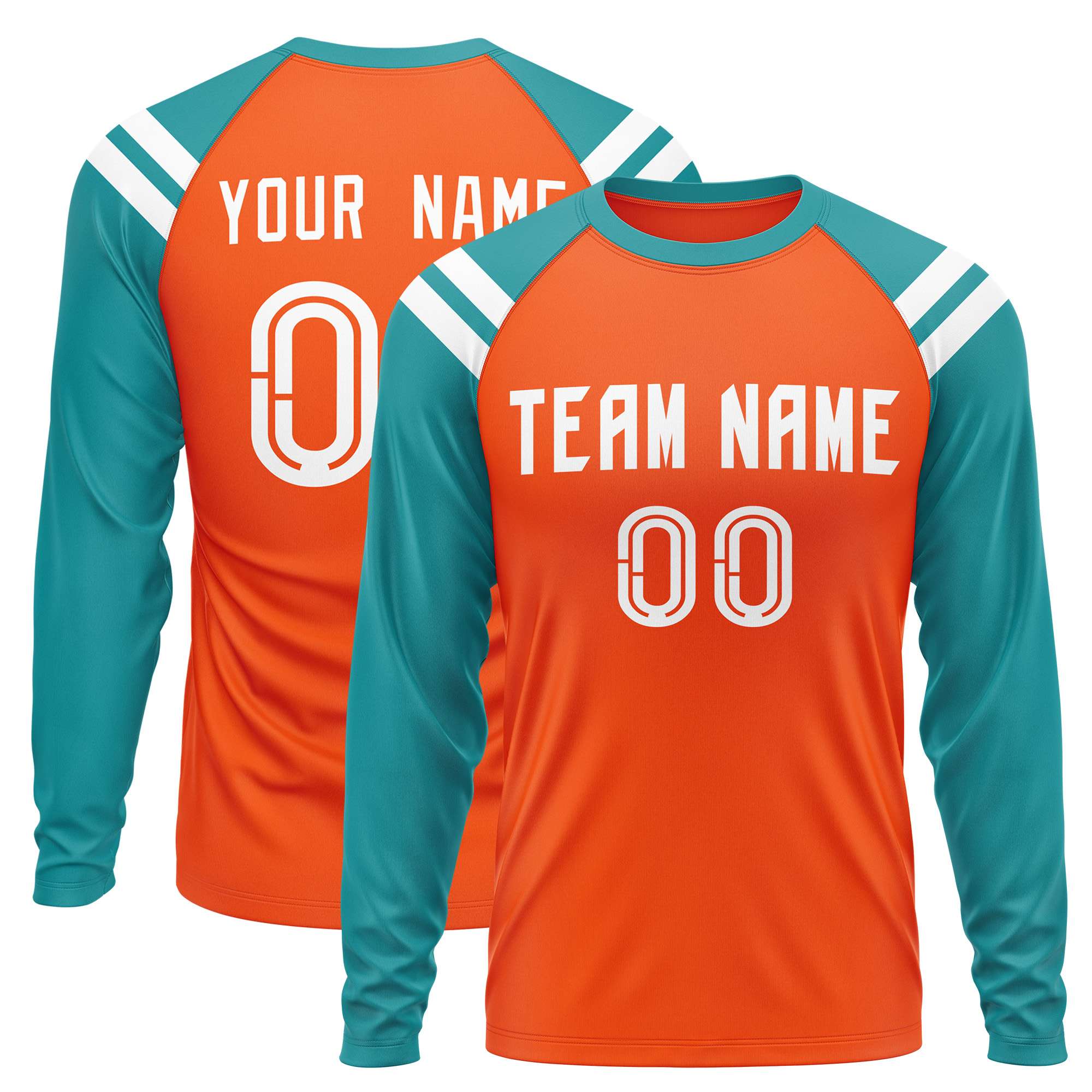 Custom Orange Aqua-White Crew Neck Personalized Raglan Long Sleeve Performance T-Shirt