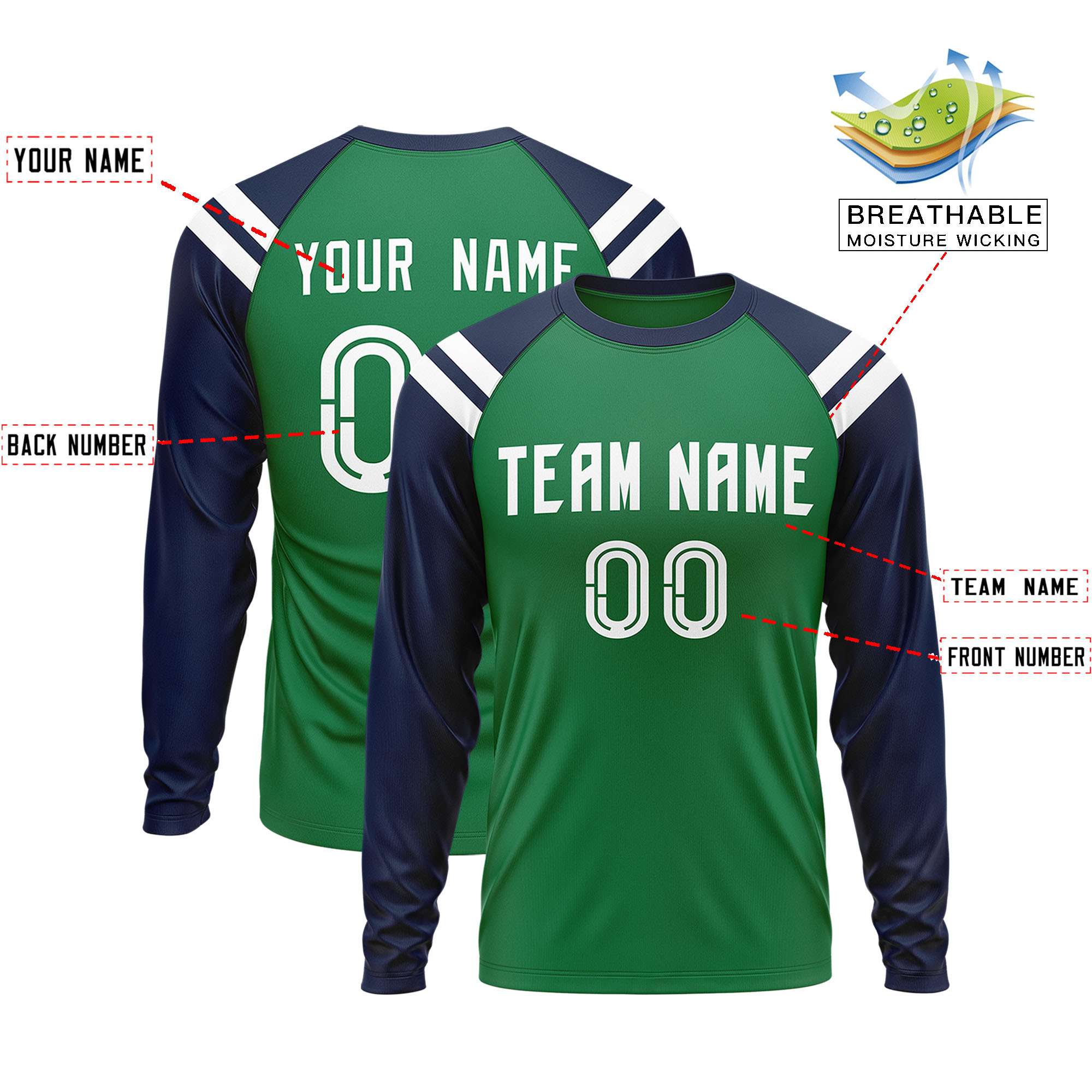 Custom Kelly Green Navy-White Crew Neck Personalized Raglan Long Sleeve Performance T-Shirt