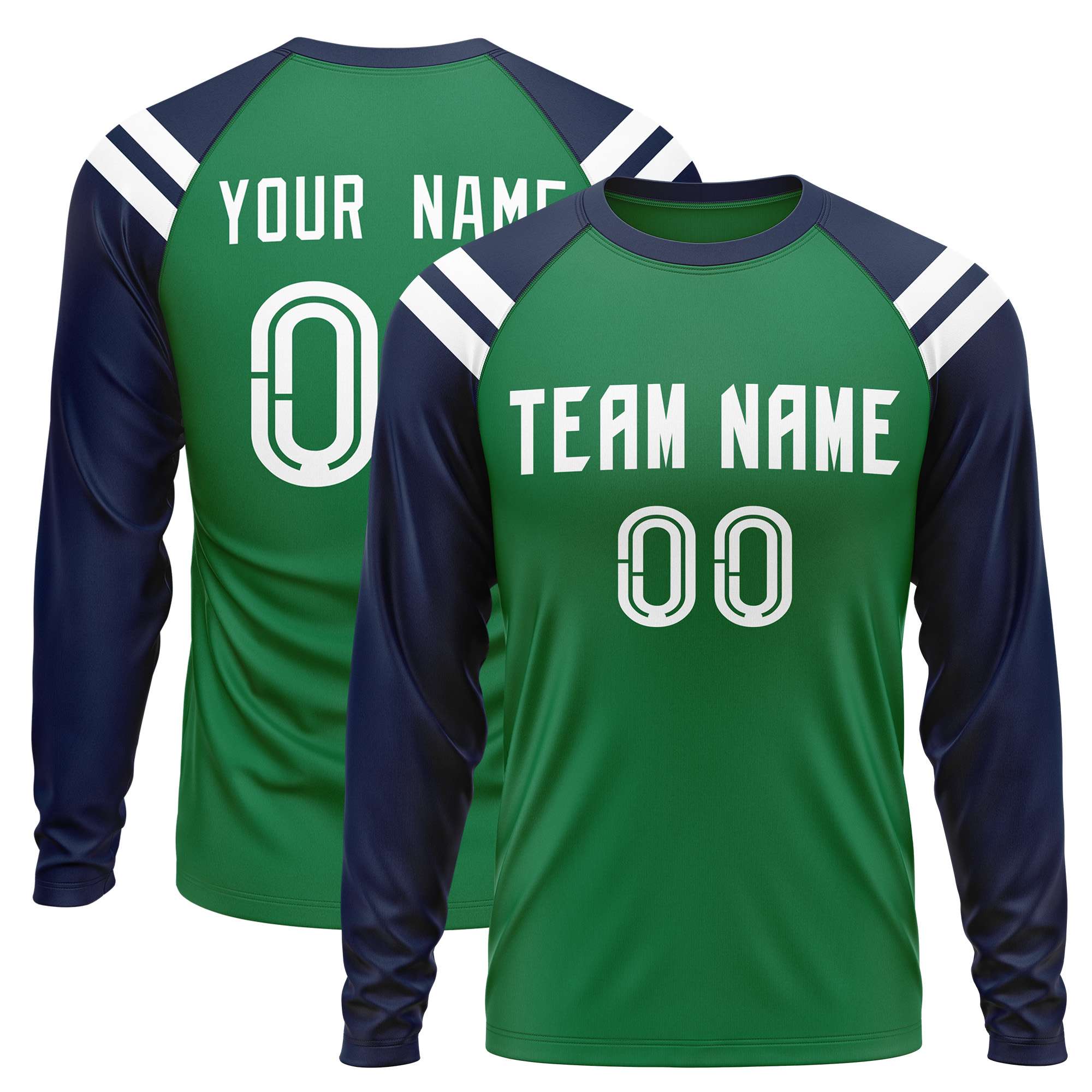 Custom Kelly Green Navy-White Crew Neck Personalized Raglan Long Sleeve Performance T-Shirt