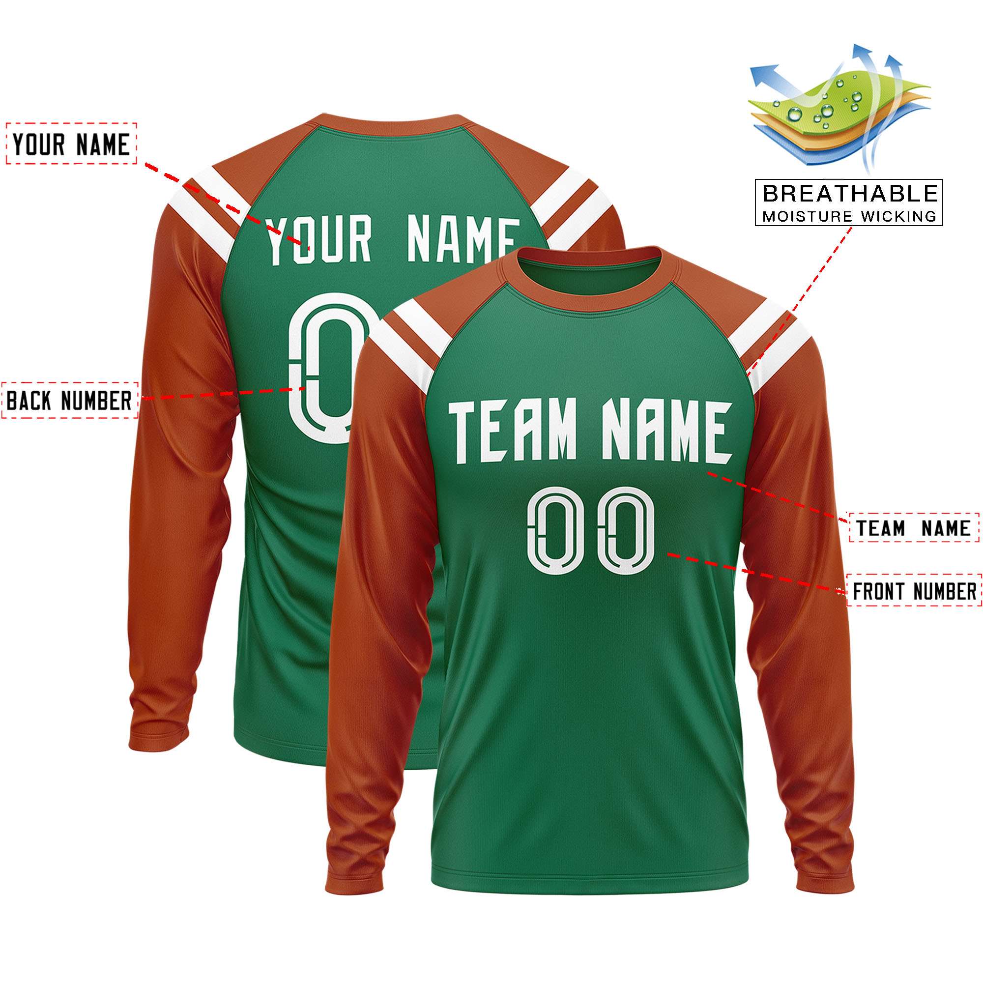 Custom Kelly Green Texas Orange-White Crew Neck Personalized Raglan Long Sleeve Performance T-Shirt