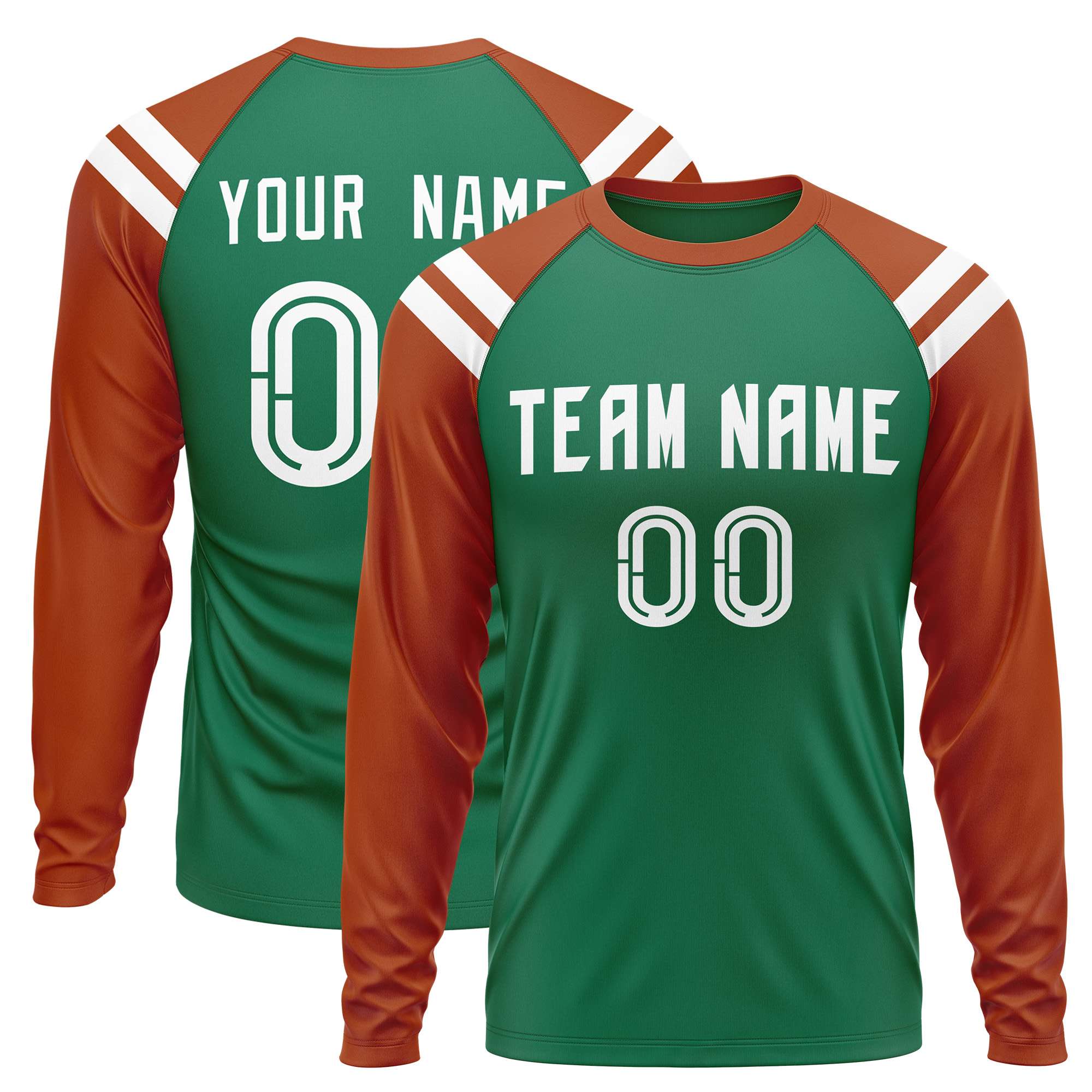 Custom Kelly Green Texas Orange-White Crew Neck Personalized Raglan Long Sleeve Performance T-Shirt