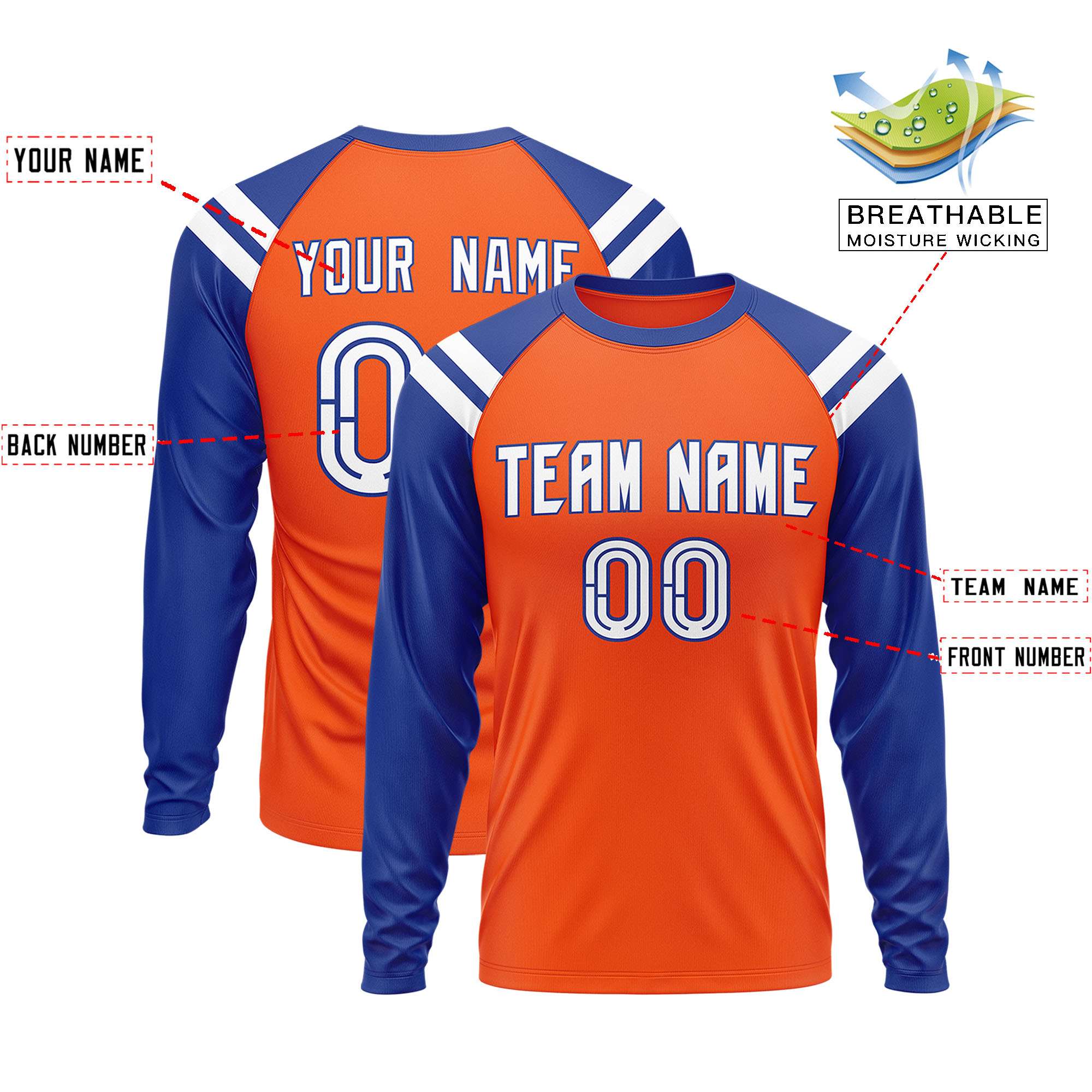 Custom Orange Royal-White Crew Neck Personalized Raglan Long Sleeve Performance T-Shirt