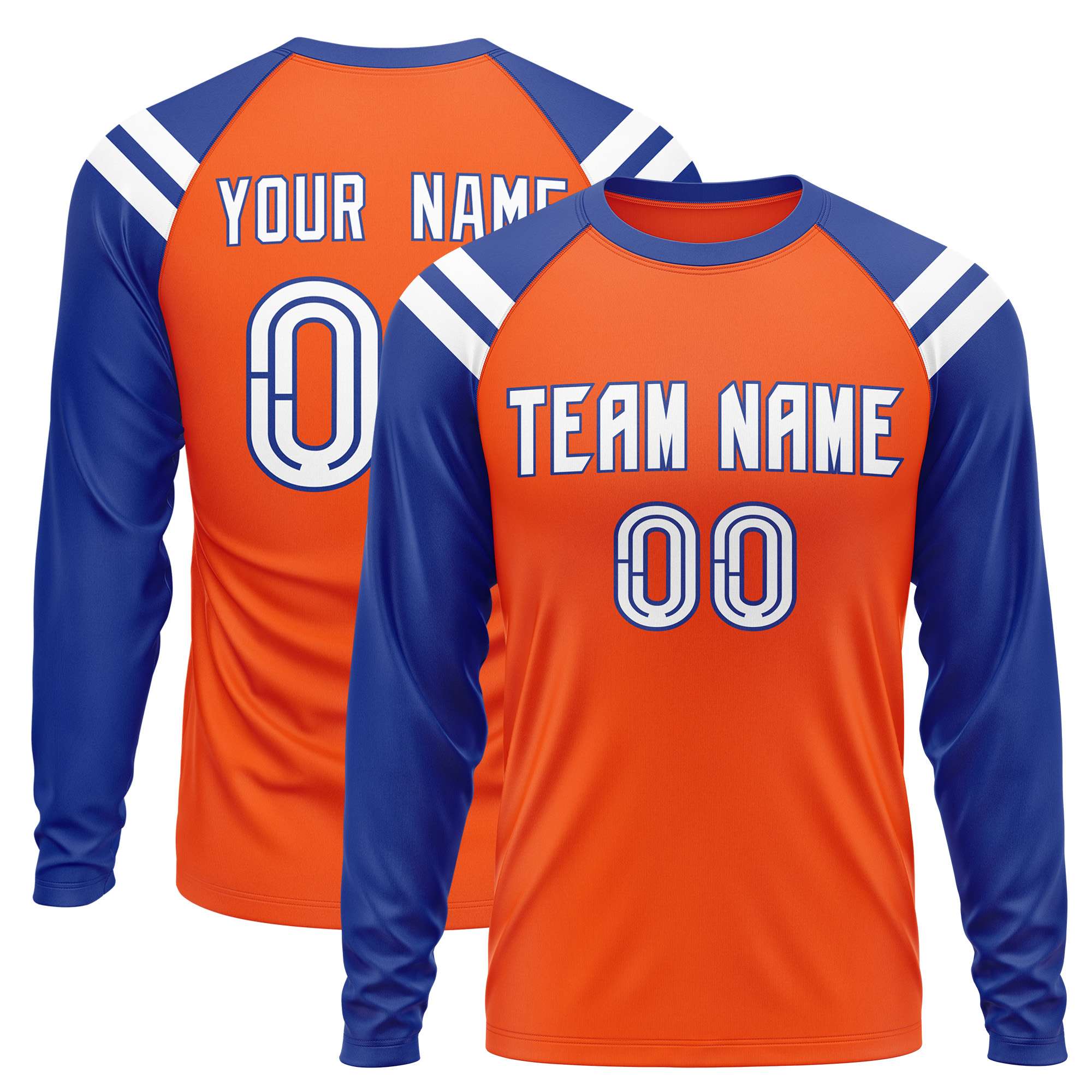 Custom Orange Royal-White Crew Neck Personalized Raglan Long Sleeve Performance T-Shirt