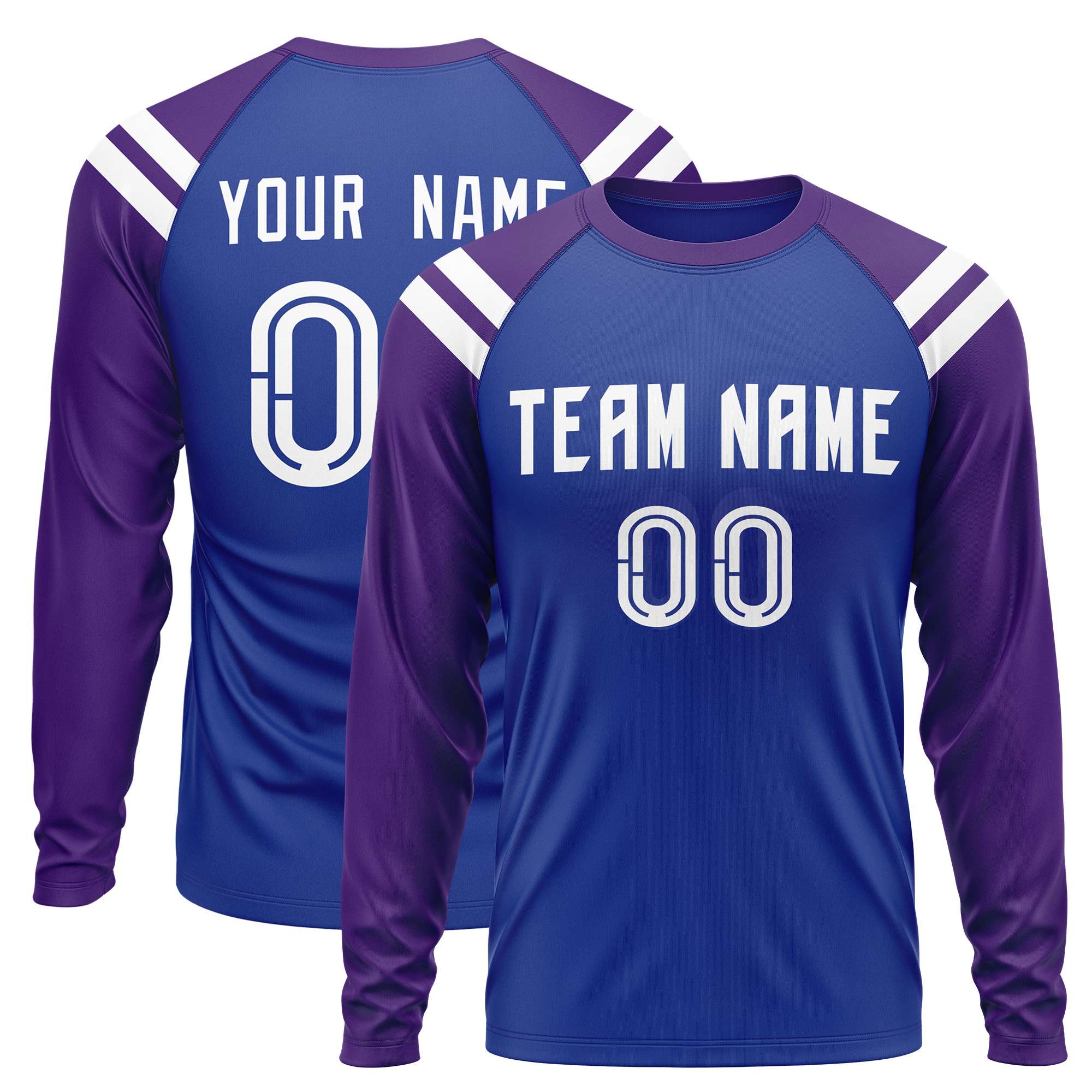 Custom Royal Purple-White Crew Neck Personalized Raglan Long Sleeve Performance T-Shirt