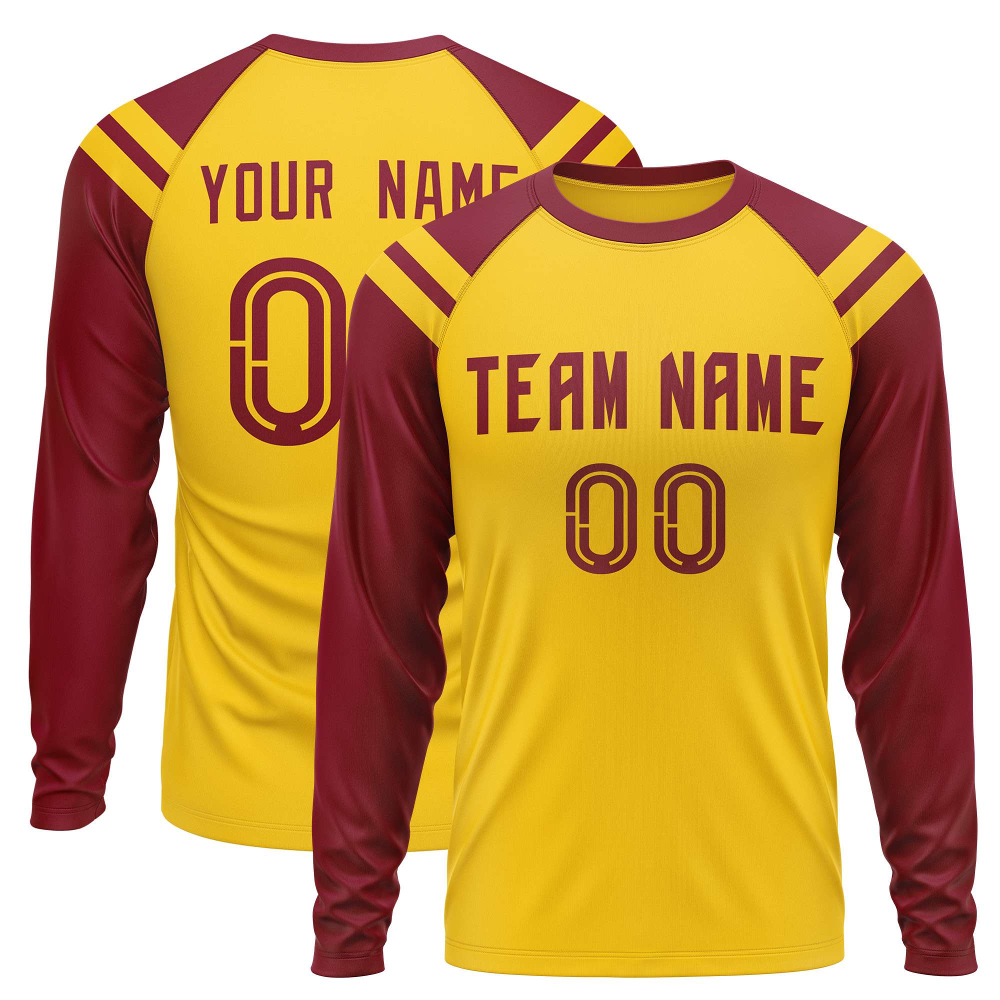 Custom Gold Crimson-White Crew Neck Personalized Raglan Long Sleeve Performance T-Shirt