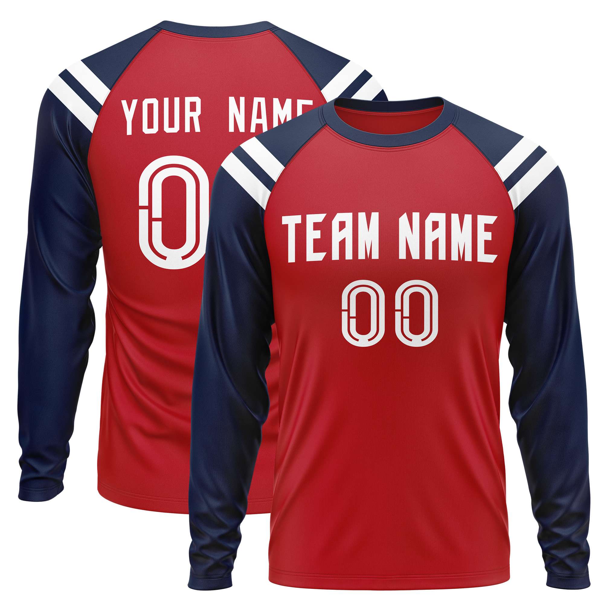 Custom Red Navy-White Crew Neck Personalized Raglan Long Sleeve Performance T-Shirt