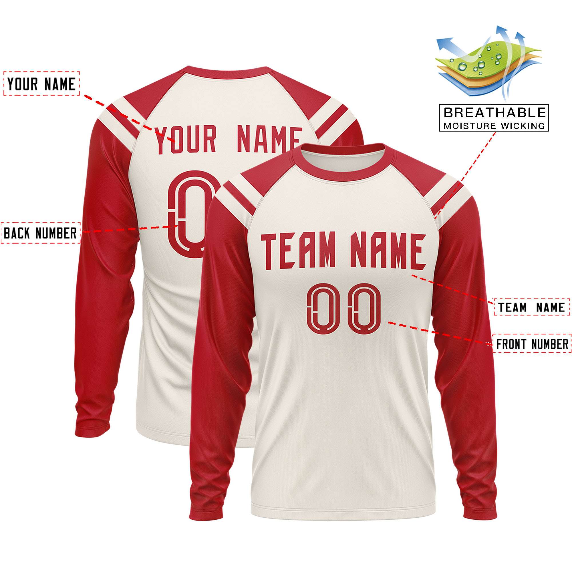 Custom Cream Red-White Crew Neck Personalized Raglan Long Sleeve Performance T-Shirt