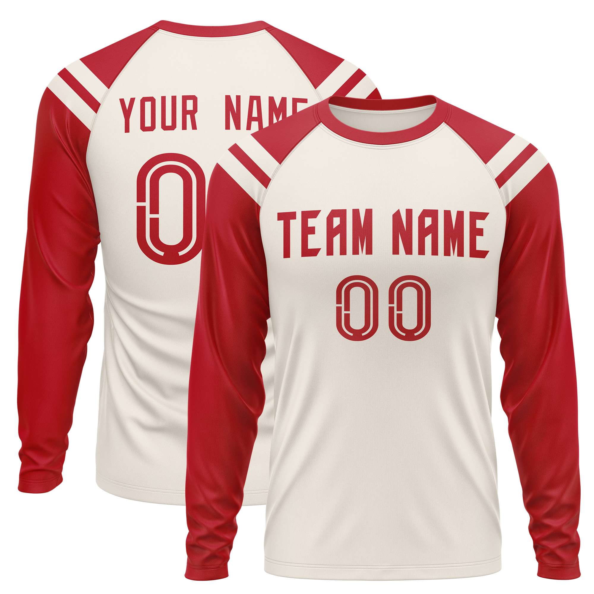 Custom Cream Red-White Crew Neck Personalized Raglan Long Sleeve Performance T-Shirt