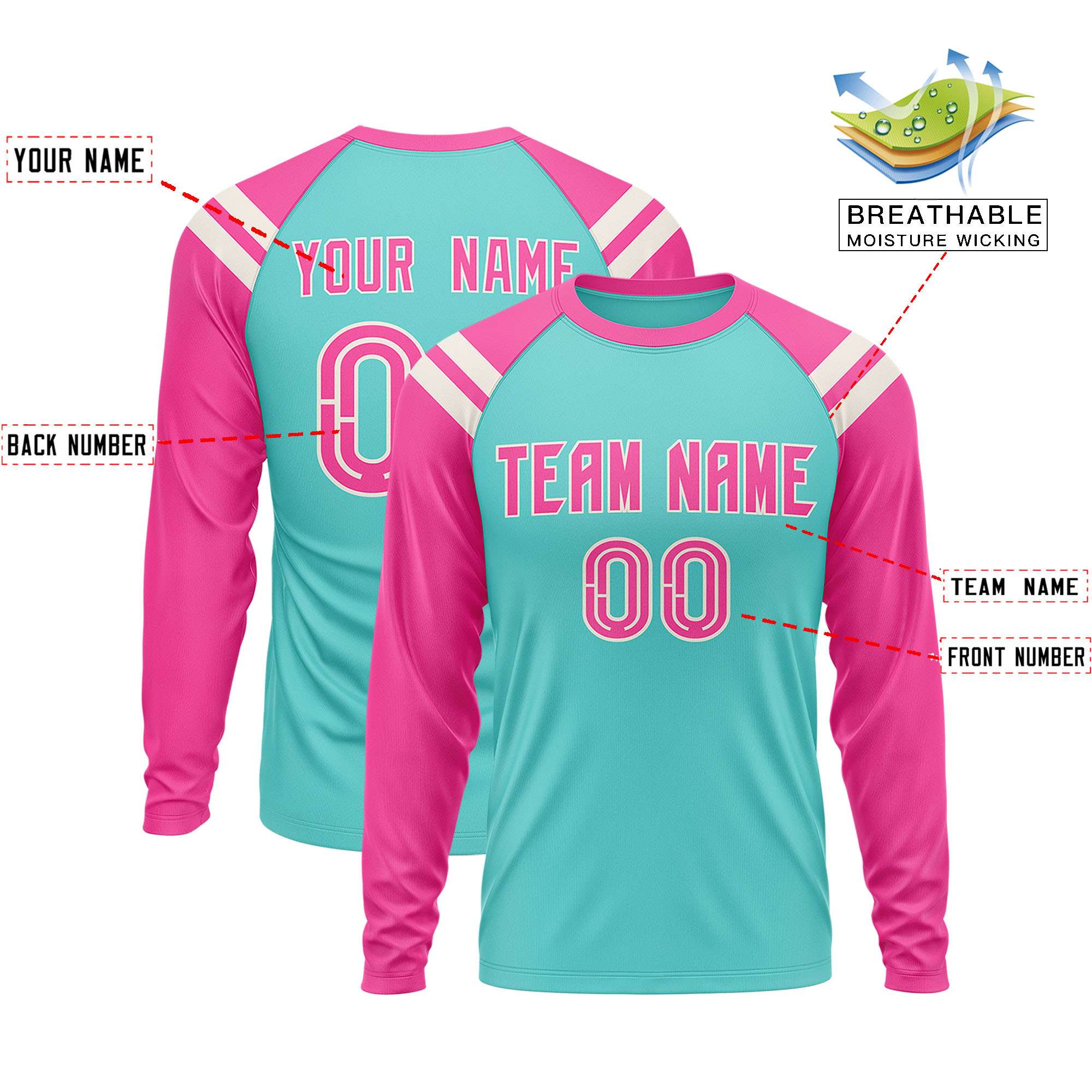 Custom Bright Green Pink-Cream Crew Neck Personalized Raglan Long Sleeve Performance T-Shirt