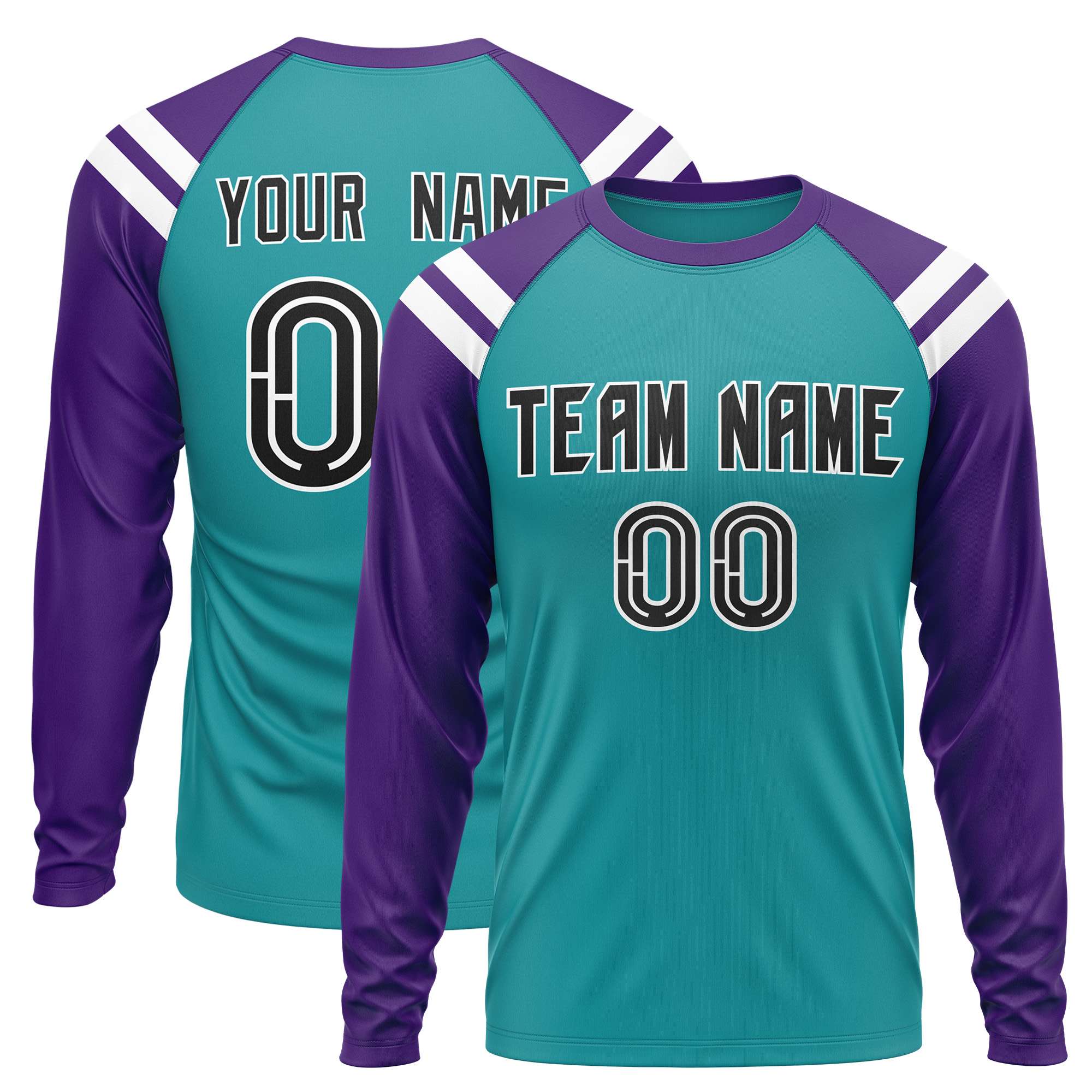 Custom Aqua Purple-White Crew Neck Personalized Raglan Long Sleeve Performance T-Shirt