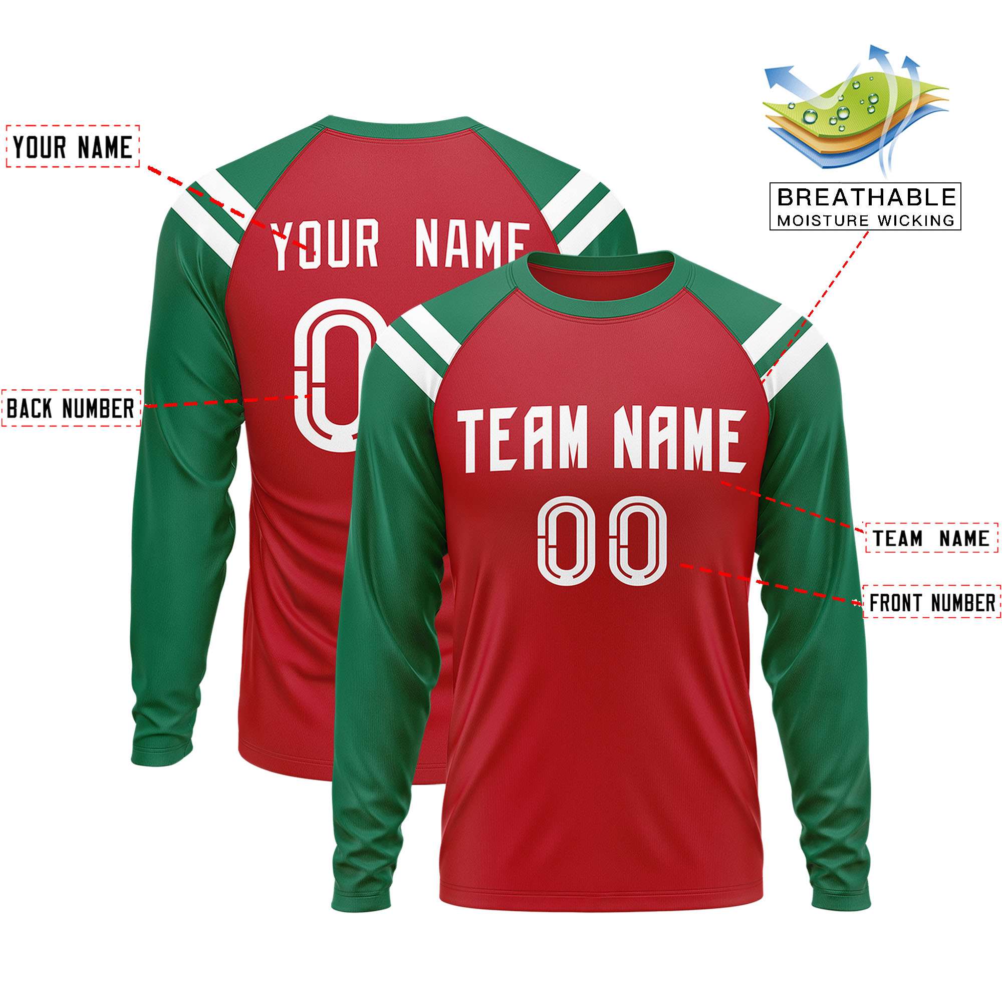 Custom Red Kelly Green-White Crew Neck Personalized Raglan Long Sleeve Performance T-Shirt