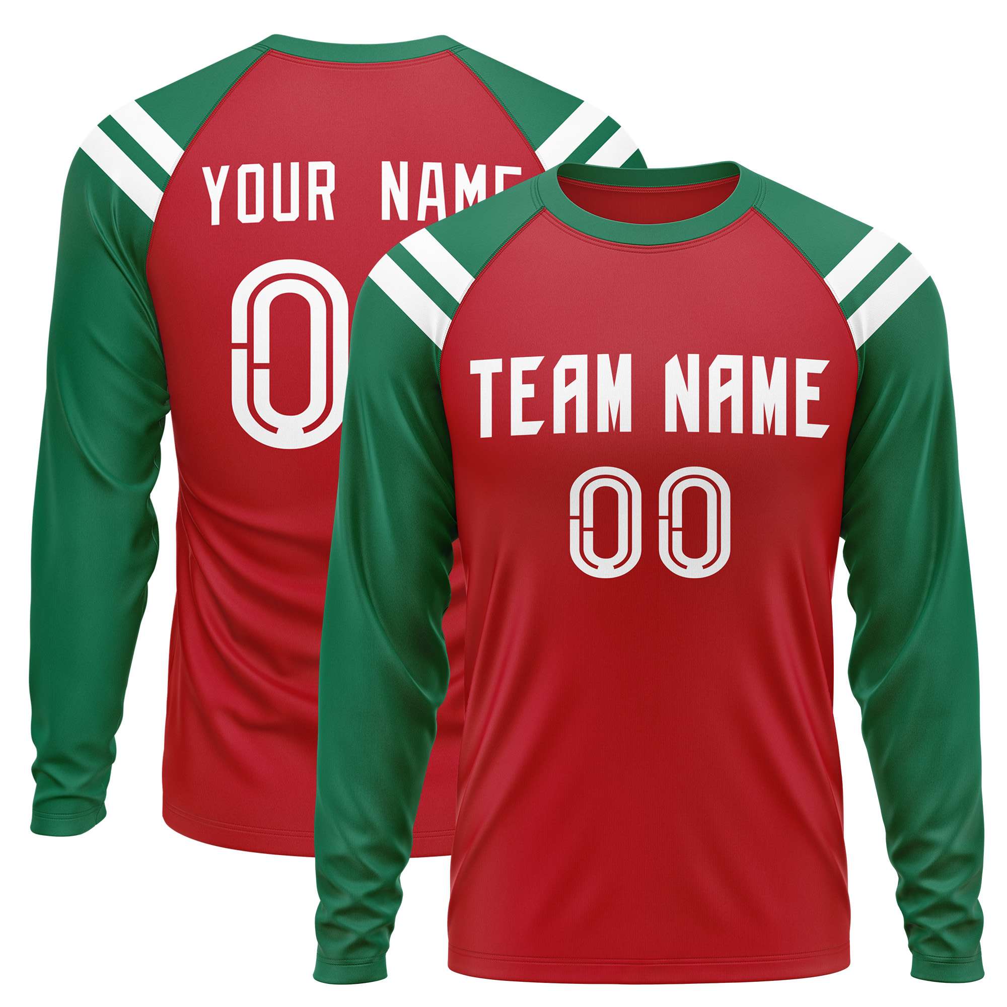 Custom Red Kelly Green-White Crew Neck Personalized Raglan Long Sleeve Performance T-Shirt