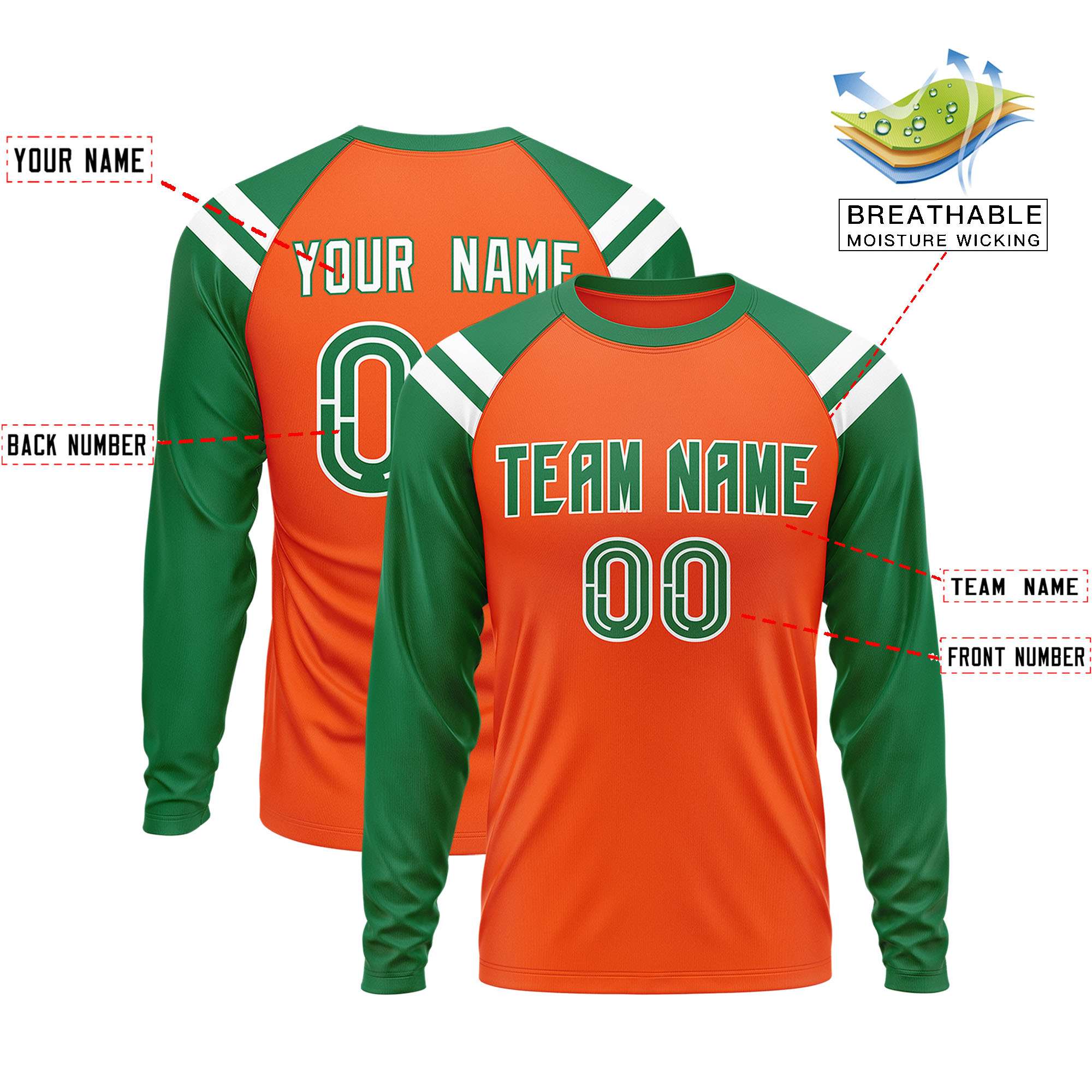 Custom Orange Kelly Green-White Crew Neck Personalized Raglan Long Sleeve Performance T-Shirt