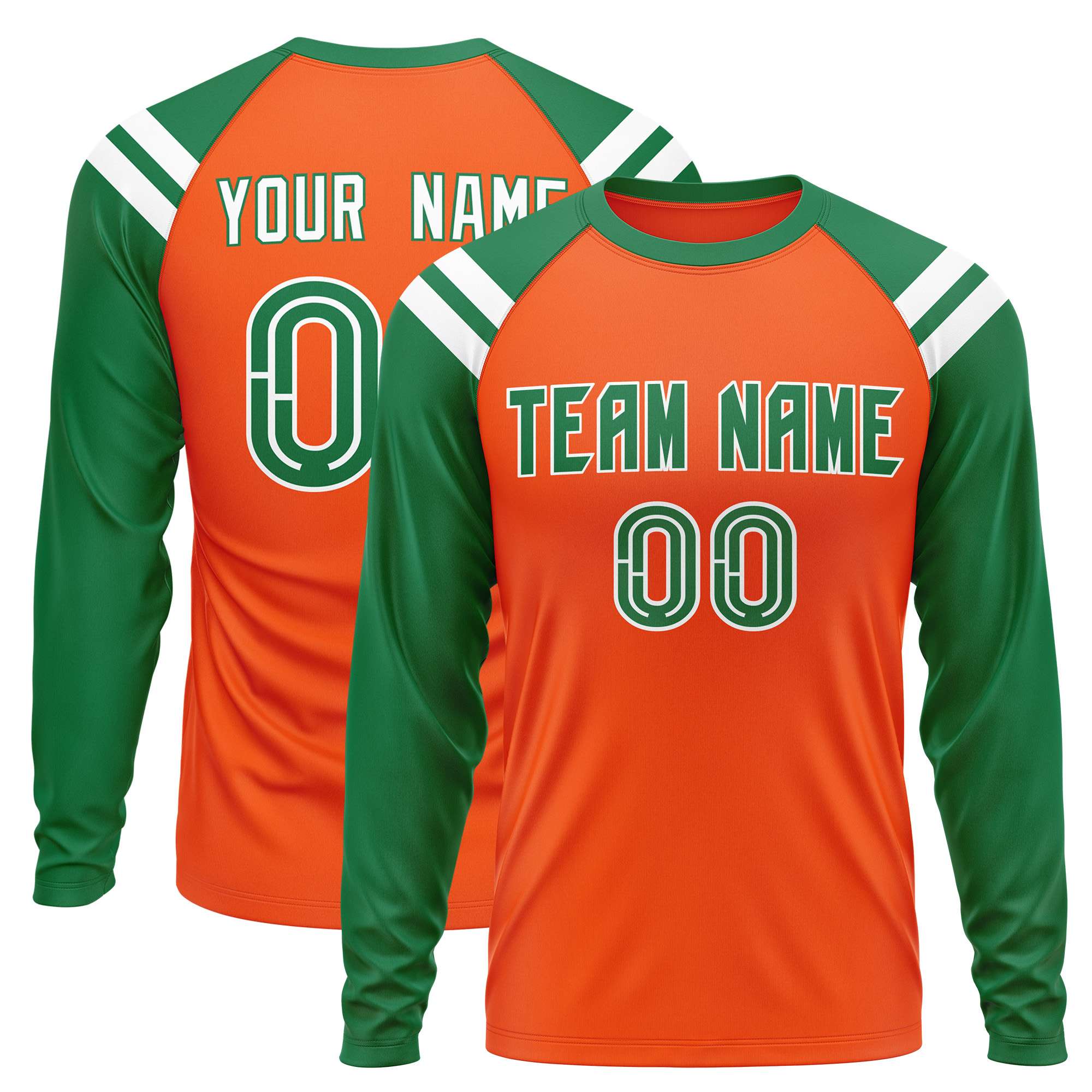 Custom Orange Kelly Green-White Crew Neck Personalized Raglan Long Sleeve Performance T-Shirt