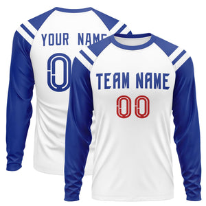 Custom White Royal-White Crew Neck Personalized Raglan Long Sleeve Performance T-Shirt