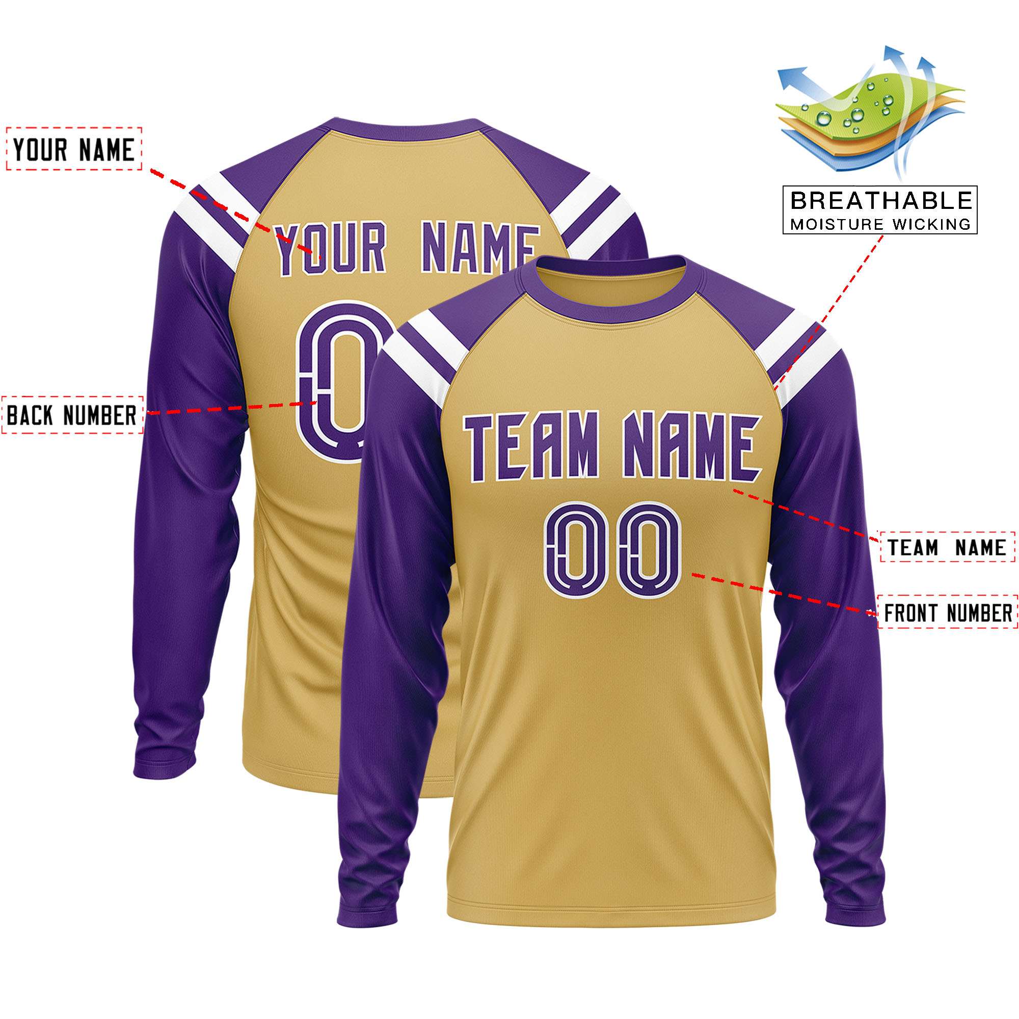 Custom Old Gold Purple-White Crew Neck Personalized Raglan Long Sleeve Performance T-Shirt