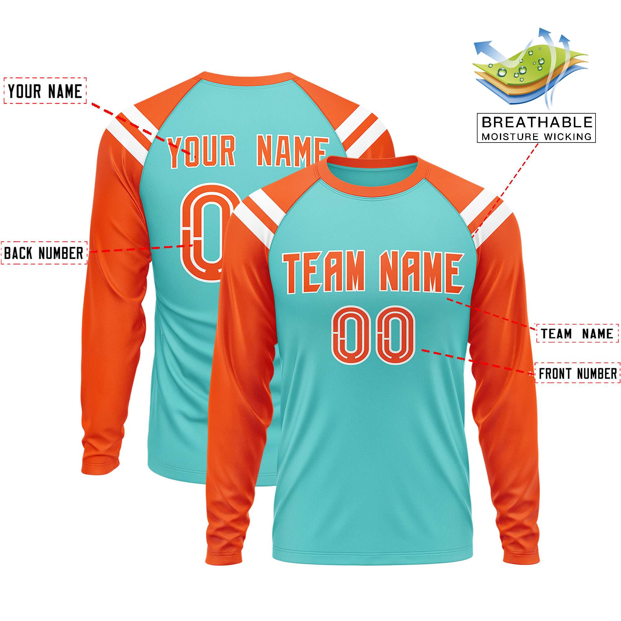 Custom Bright Green Orange-White Crew Neck Personalized Raglan Long Sleeve Performance T-Shirt