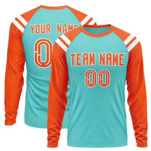 Custom Bright Green Orange-White Crew Neck Personalized Raglan Long Sleeve Performance T-Shirt