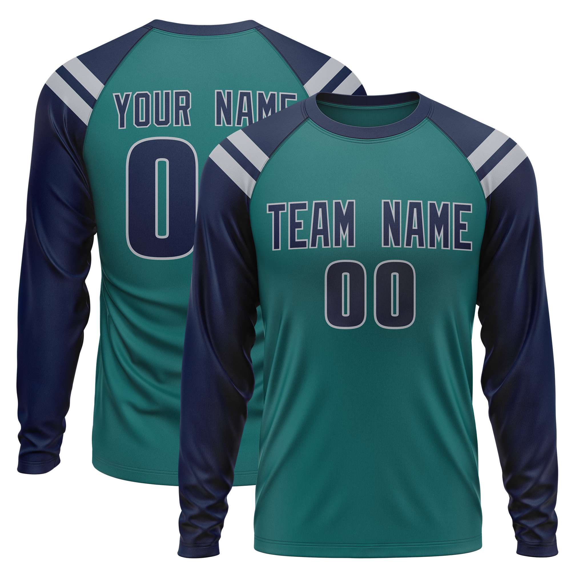 Custom Aqua Navy-Dark Gray Crew Neck Personalized Raglan Long Sleeve Performance T-Shirt