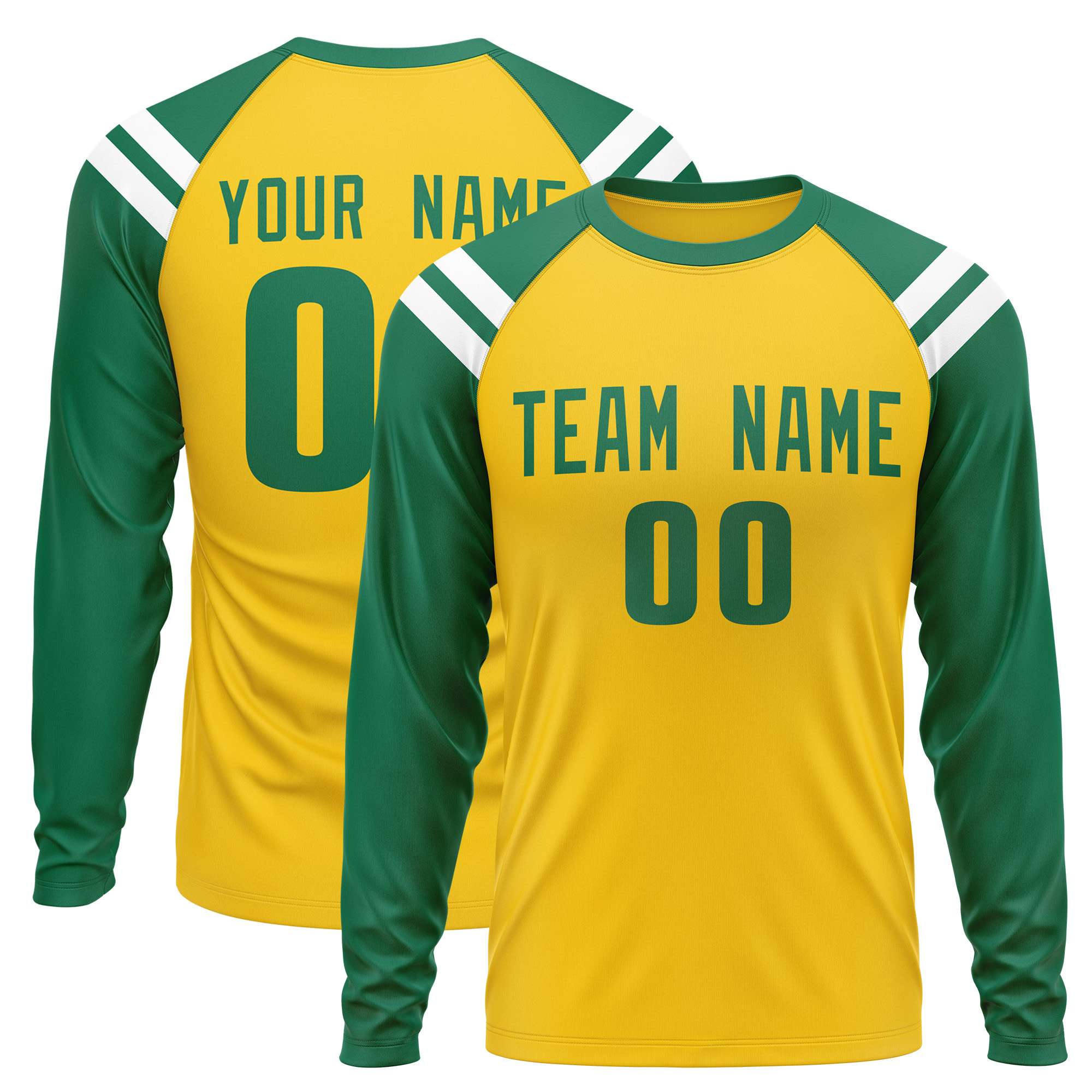 Custom Gold Kelly Green-White Crew Neck Personalized Raglan Long Sleeve Performance T-Shirt