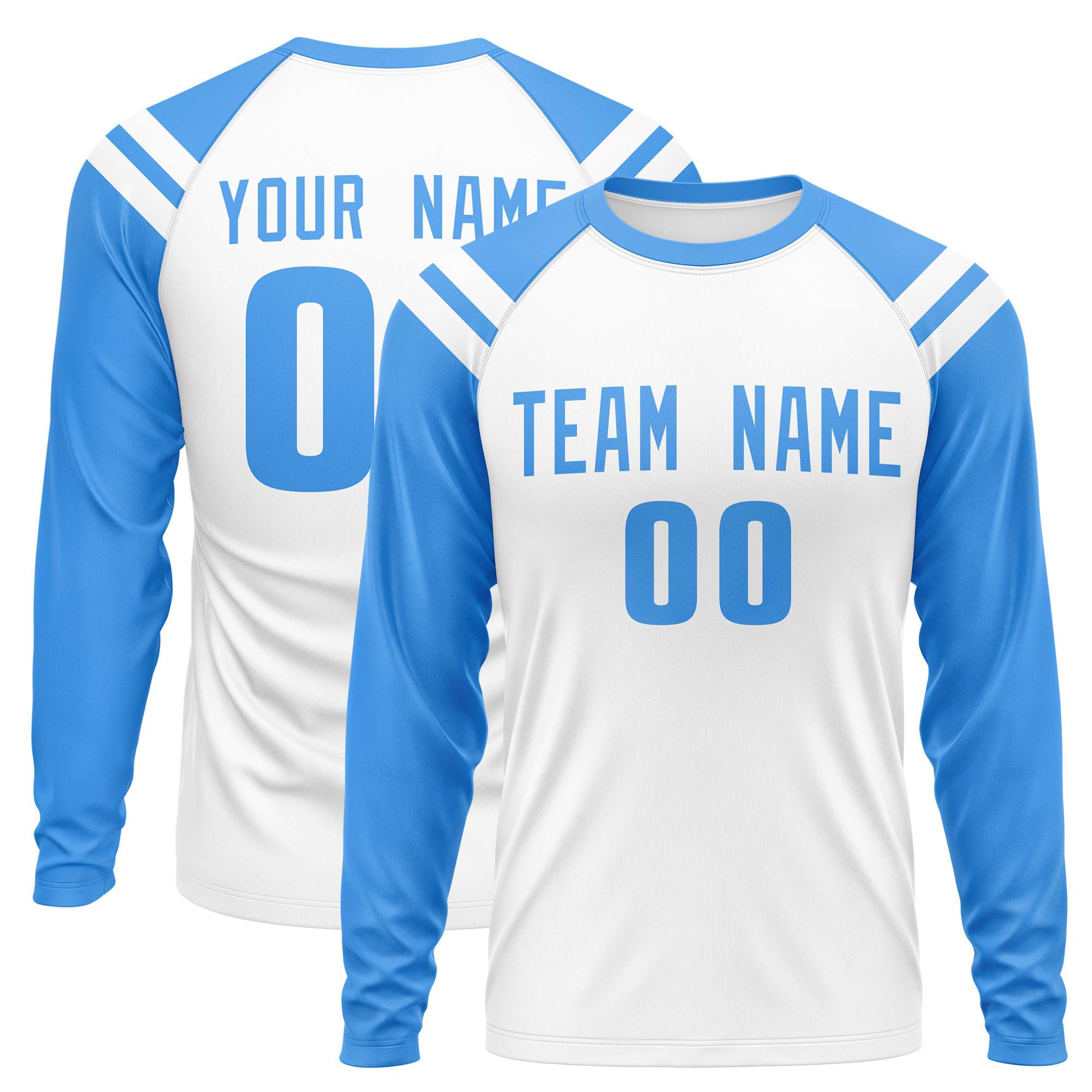 Custom White Powder Blue-White Crew Neck Personalized Raglan Long Sleeve Performance T-Shirt